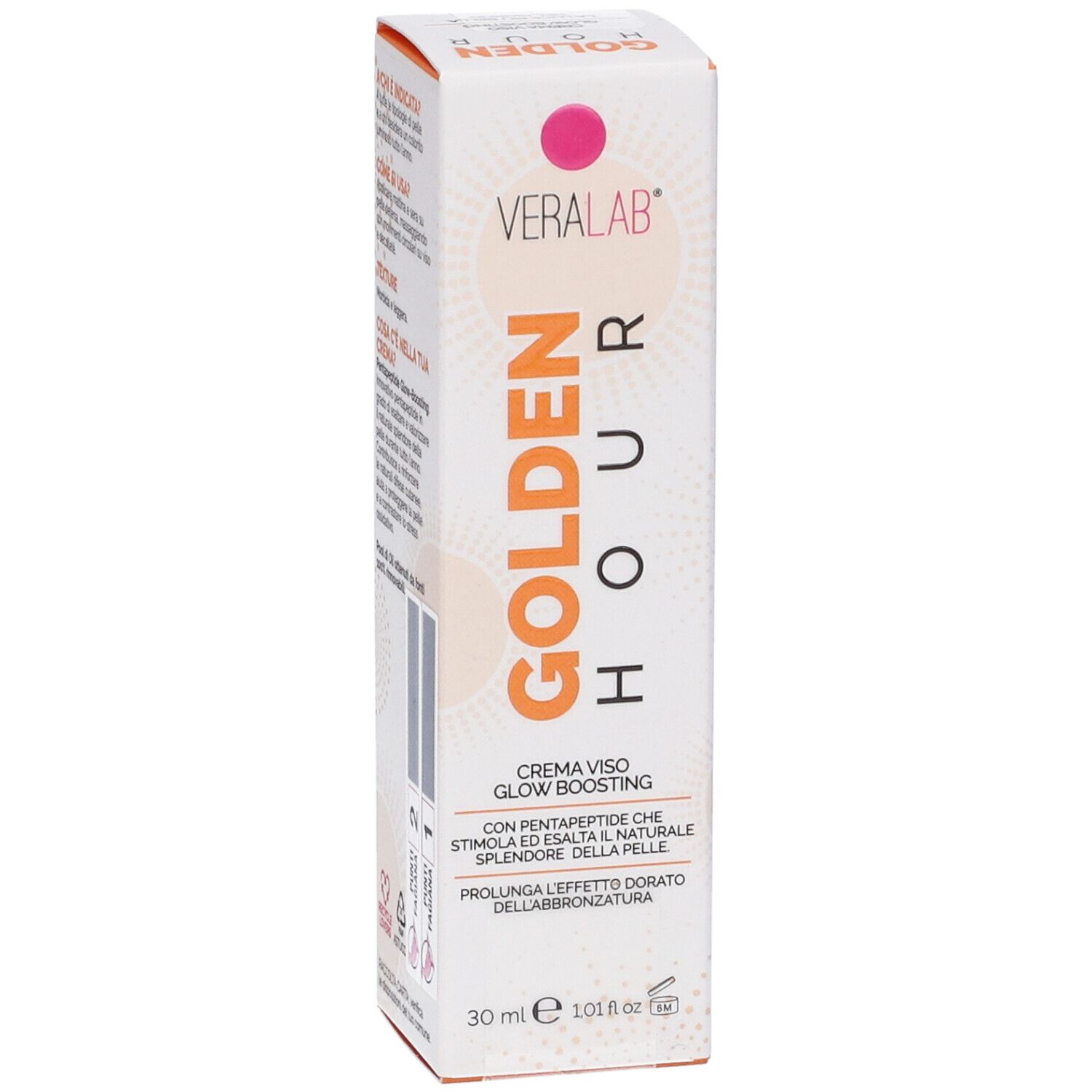 Fronte della confezione Veralab Golden Hour Crema Viso. Bianco con testo arancione e logo.