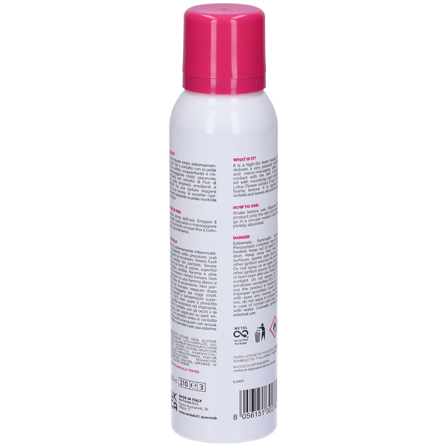 Bomboletta bianca con tappo rosa. Testo laterale. Istruzioni per l'uso, avvertenze e ingredienti.