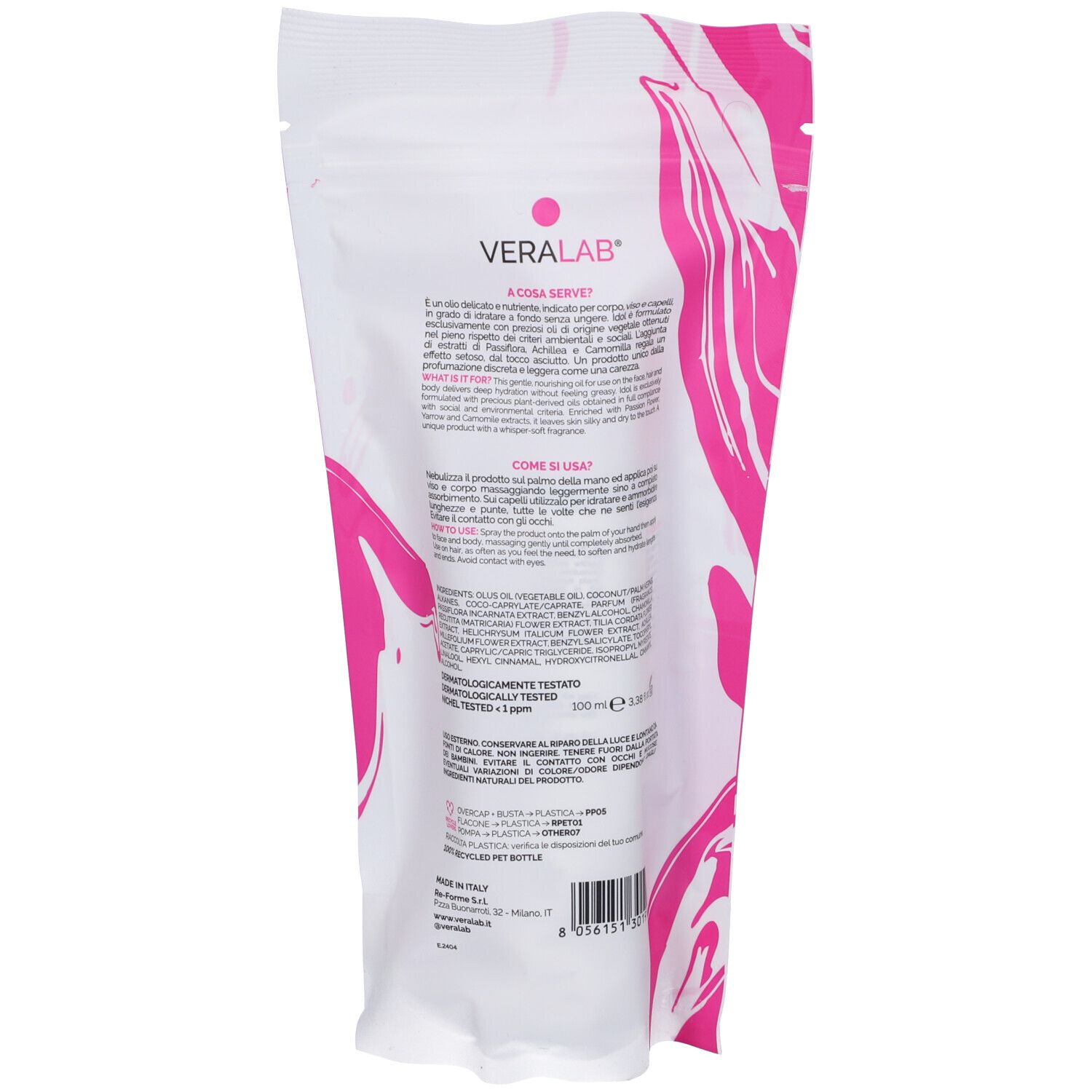 Retro della busta bianca. Testo in italiano. VERALAB Idol All Over Oil. Ingredienti e istruzioni per l'uso.