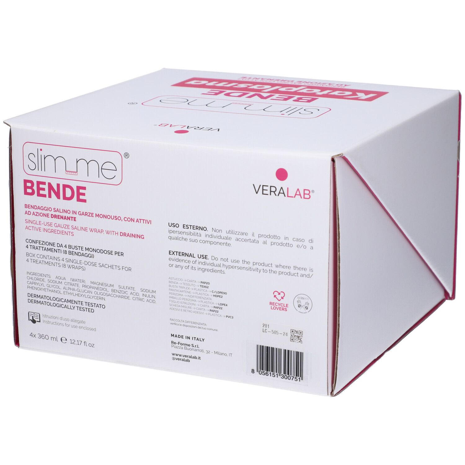 Confezione in cartone con informazioni sul prodotto. Slim me Bende, logo Veralab, testo in italiano, simbolo di riciclo.