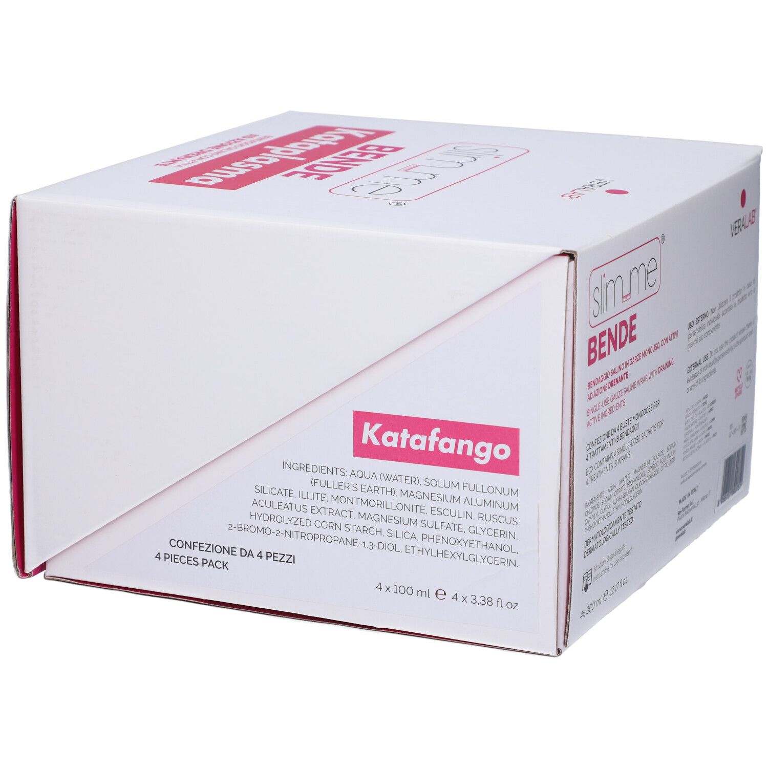 Confezione in cartone con nome del prodotto e ingredienti. Slim me Bende, Katafango, logo Veralab, 4 pezzi.