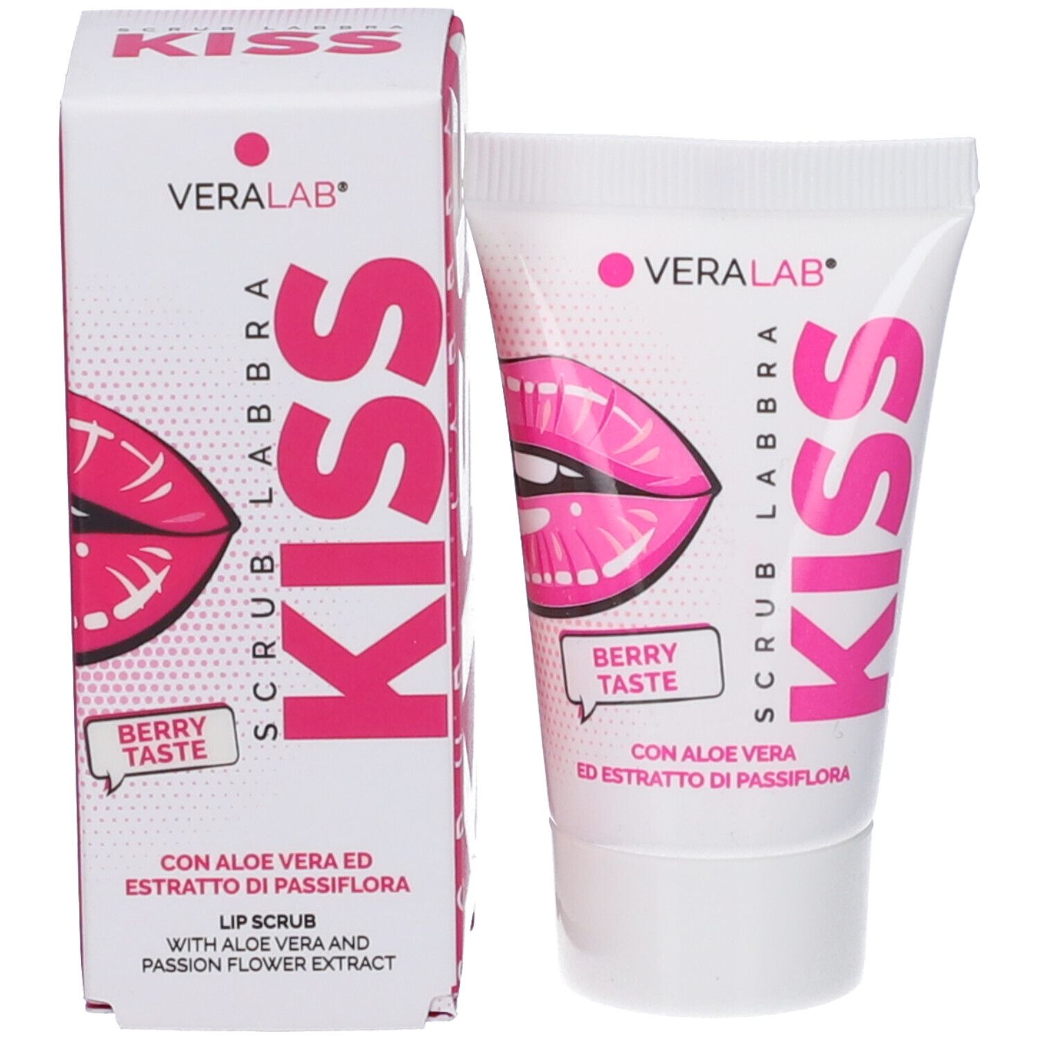 Prodotto e confezione. Scatola e tubo bianchi. Sulla scatola: KISS, Berry Taste, Aloe Vera ed estratto di passiflora.