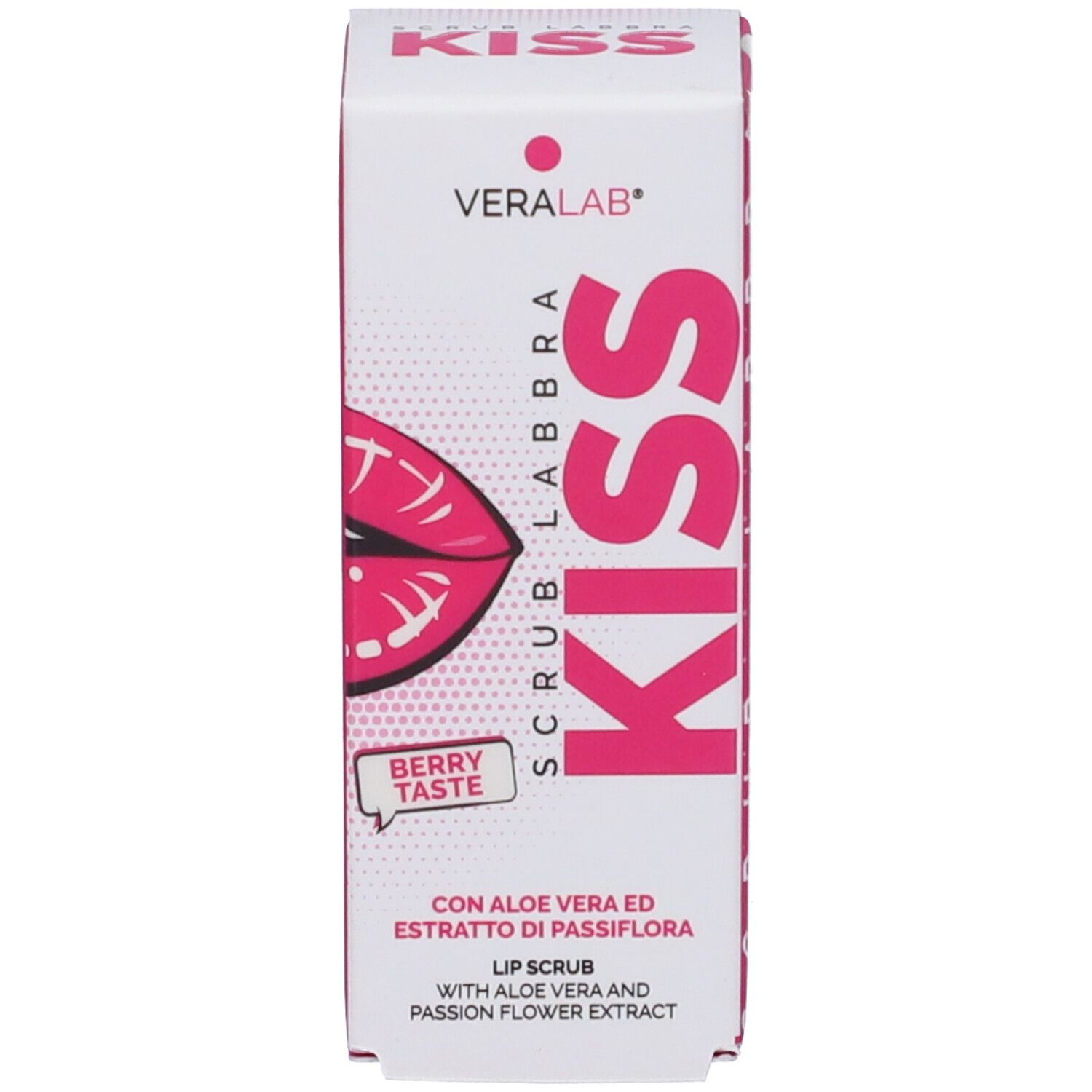 Scatola bianca con scritta KISS rosa. Testo: Veralab, Berry Taste, Aloe Vera ed estratto di passiflora.