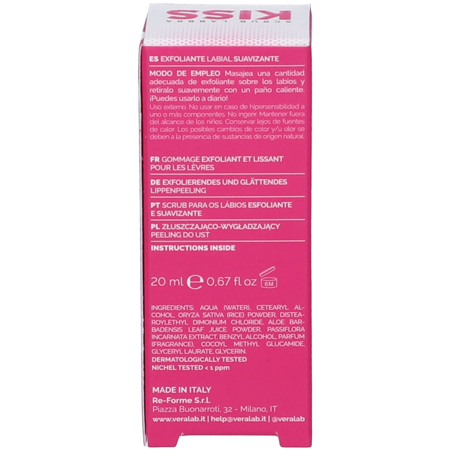 Lato della scatola. Testo: Istruzioni per l'uso multilingue, ingredienti, 20 ml.