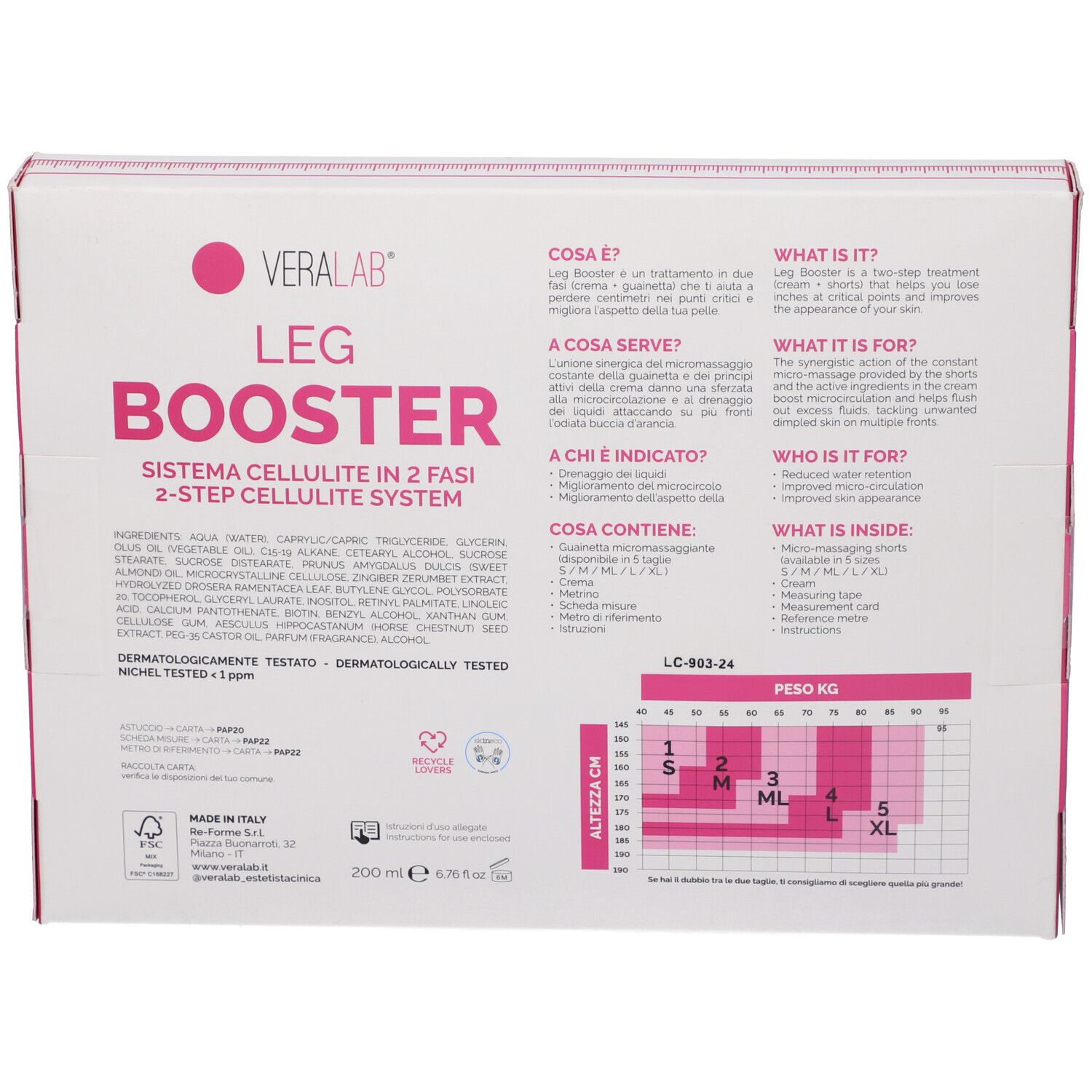 Retro della confezione. Testo multilingue. Contiene ingredienti, informazioni e tabella delle taglie.