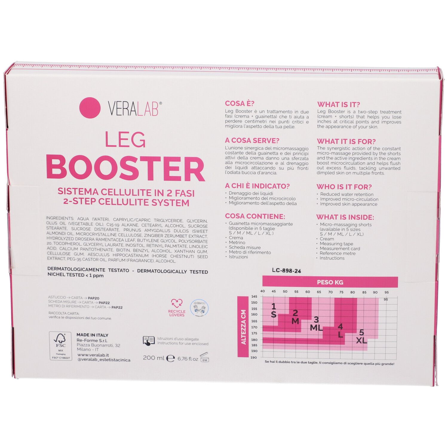 Retro della confezione. Testo VERALAB LEG BOOSTER. Ingredienti, descrizione d'uso, tabella taglie e contenuto.