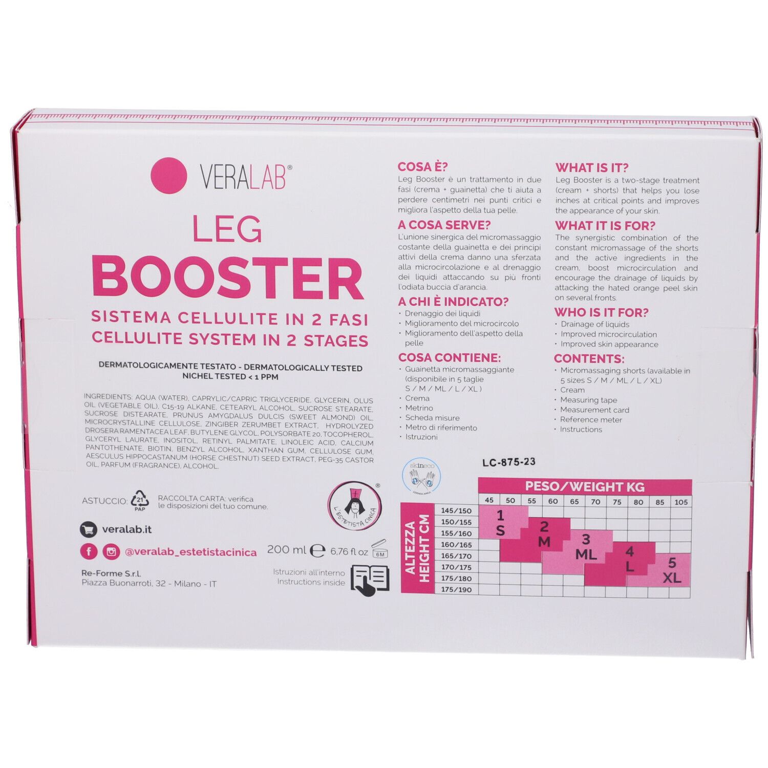 Retro della confezione con testo e informazioni sul contenuto. Include una tabella delle taglie e il logo Veralab.