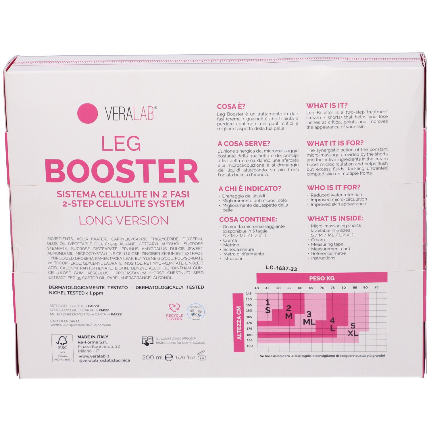 Retro della confezione. Contiene testo, ingredienti, diagramma e loghi. Scritta "VERALAB LEG BOOSTER".