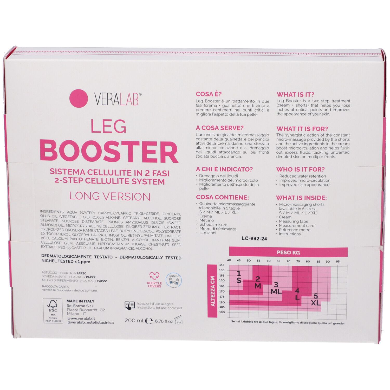 Retro della confezione con testo e grafici. Contiene "VERALAB LEG BOOSTER LONG VERSION". Ingredienti e informazioni taglie.