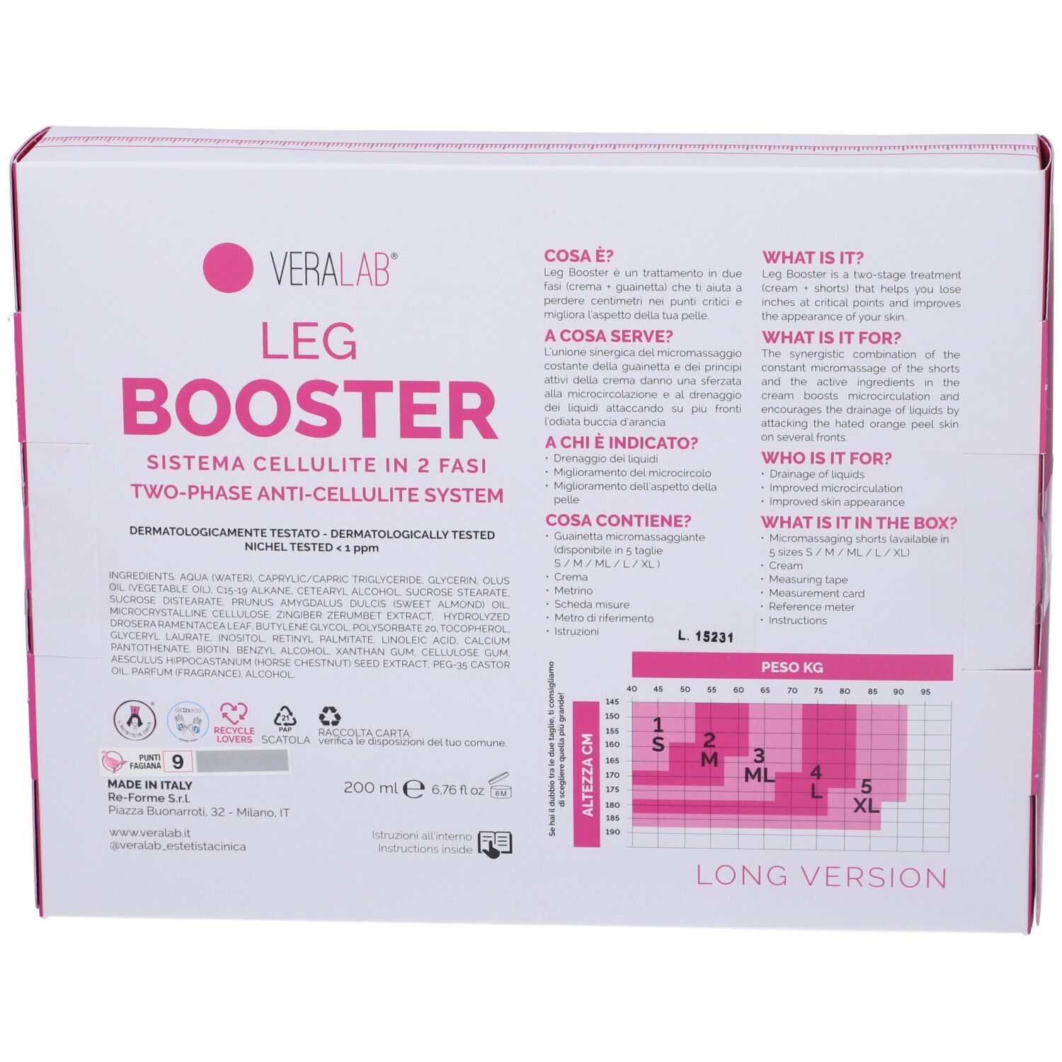 Retro della confezione con testo e diagramma. Contiene ingredienti, informazioni e tabella taglie. Marchio Veralab.