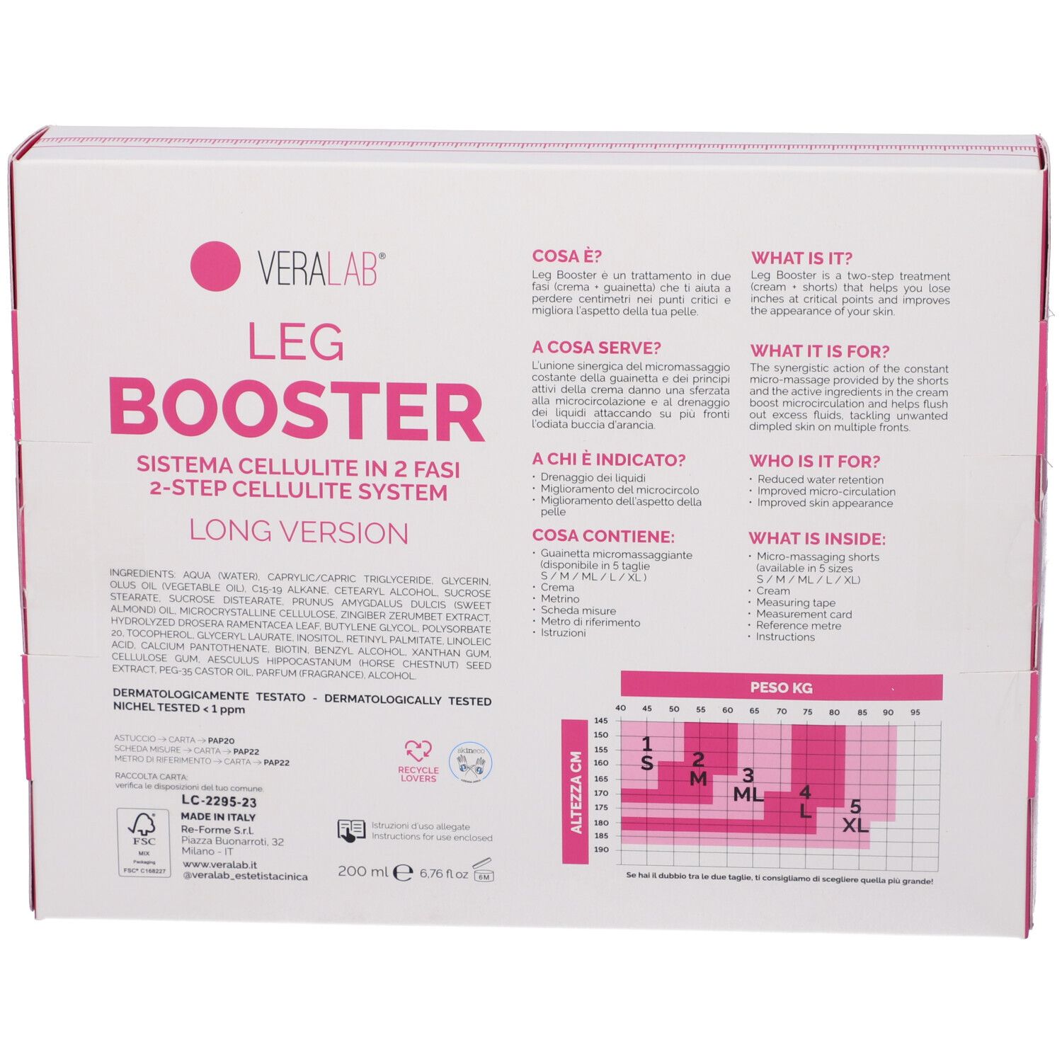 Retro della confezione VERALAB LEG BOOSTER. Contiene informazioni sul prodotto, ingredienti e tabella taglie.