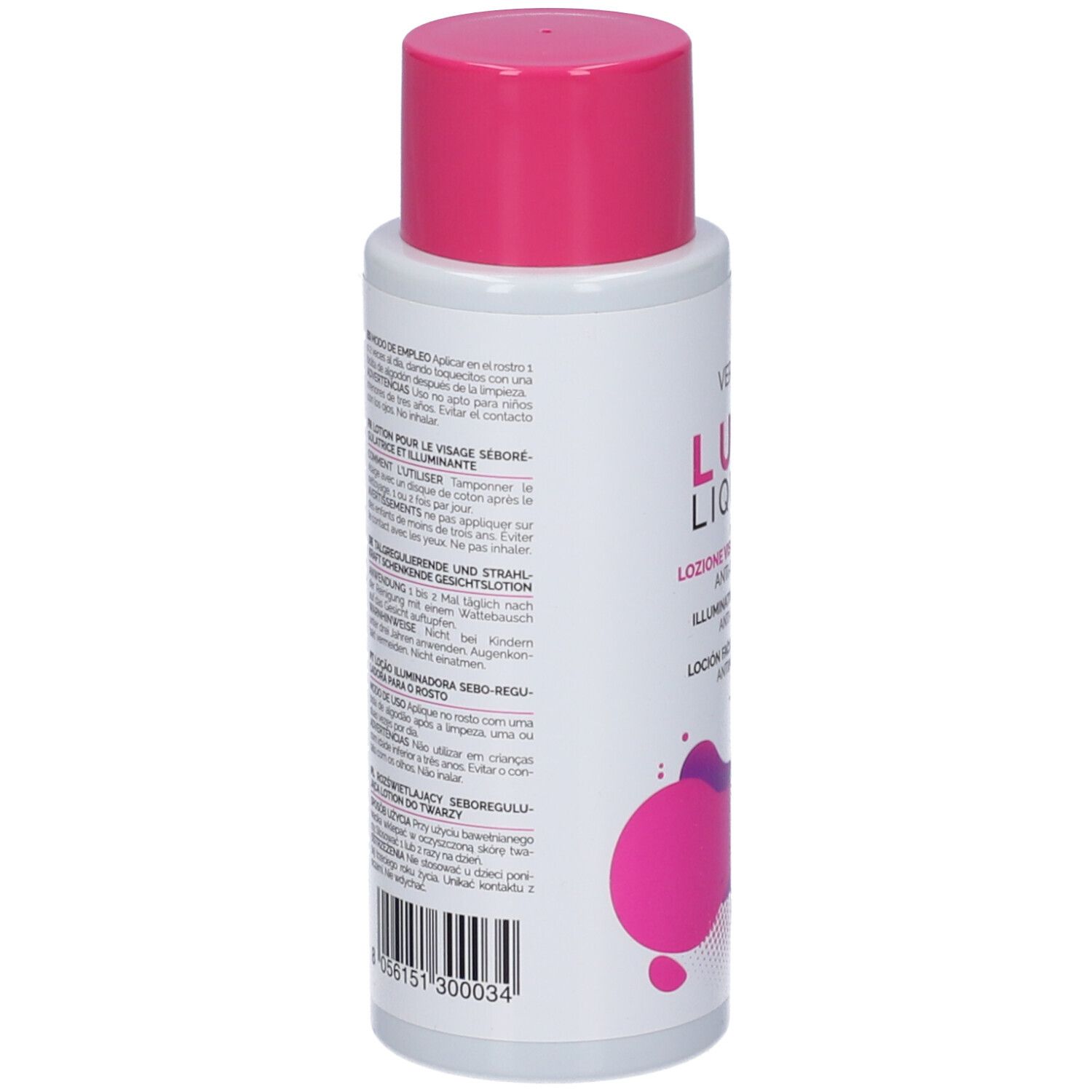 Retro del flacone. Testo multilingue. Codice a barre in basso.