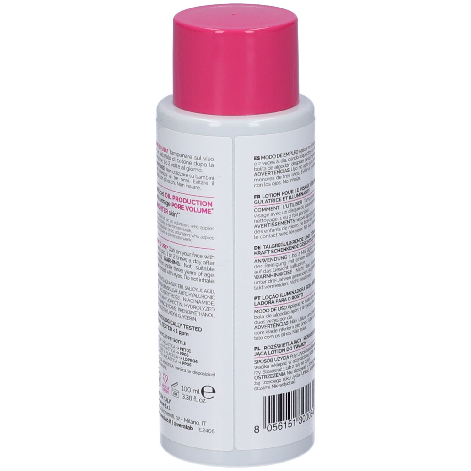 Retro del flacone. Testo multilingue. Codice a barre in basso.