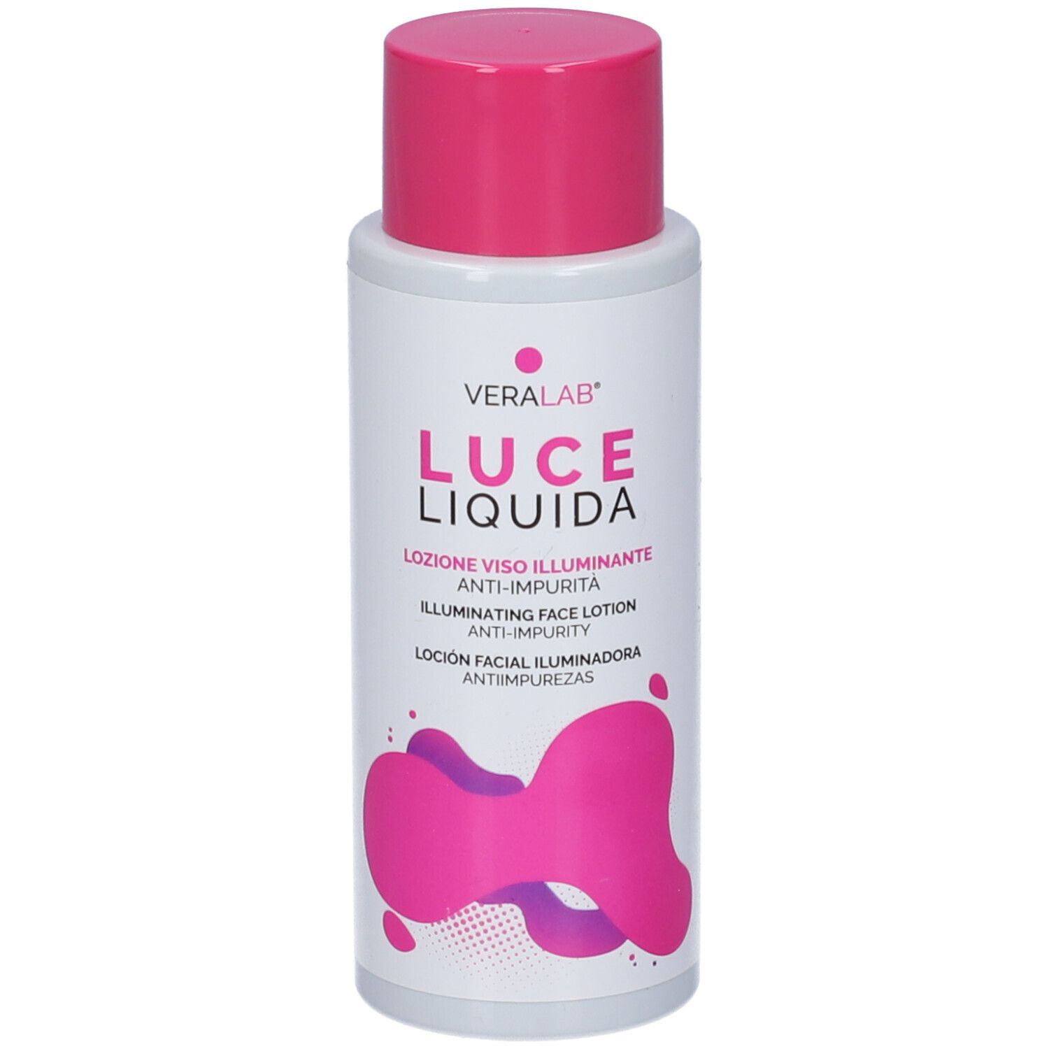 Flacone bianco con tappo rosa. Scritta: Luce Liquida, Lozione Viso Illuminante. Grafica rosa.
