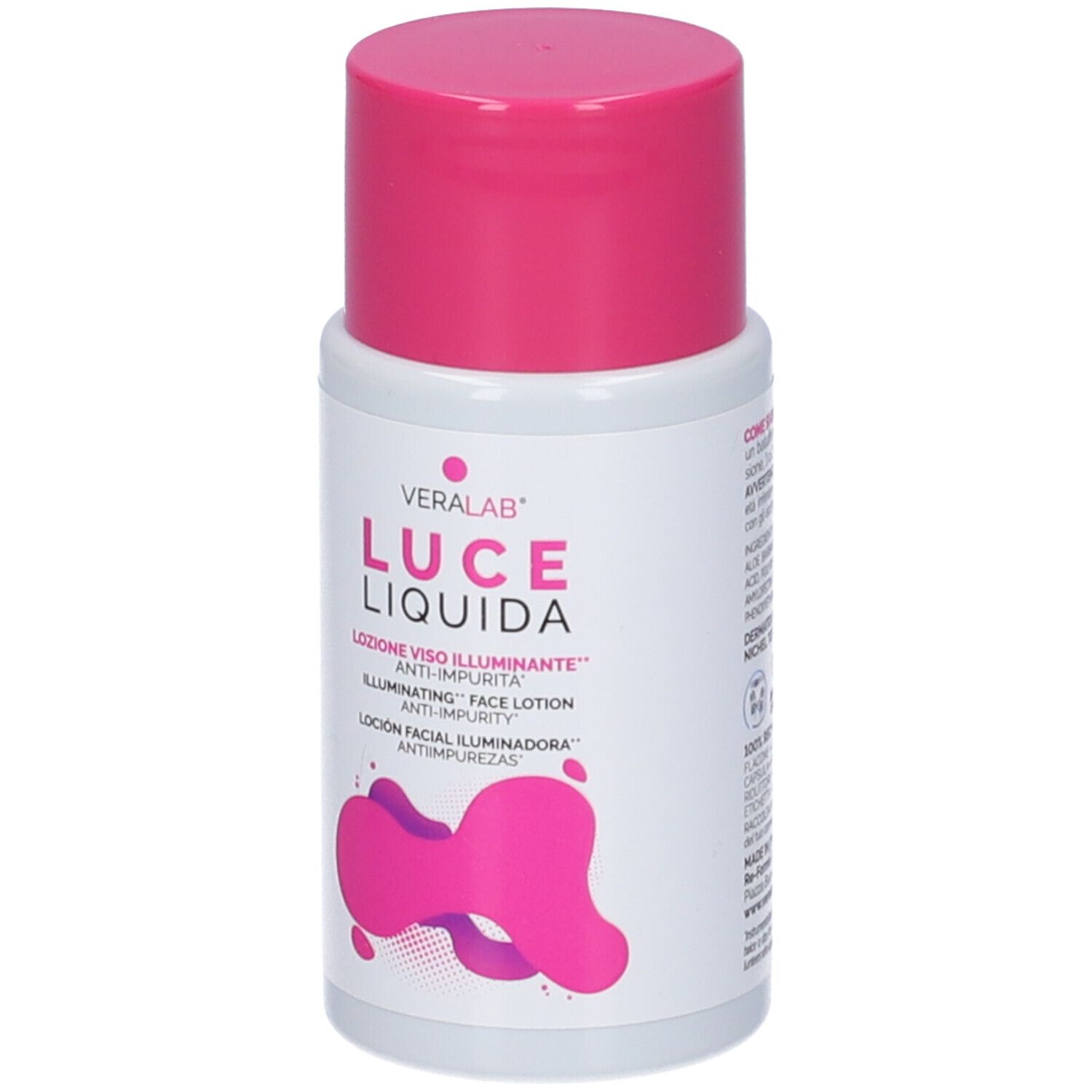Flacone bianco con tappo rosa. Scritta: Veralab Luce Liquida. Testo in italiano, inglese e spagnolo.
