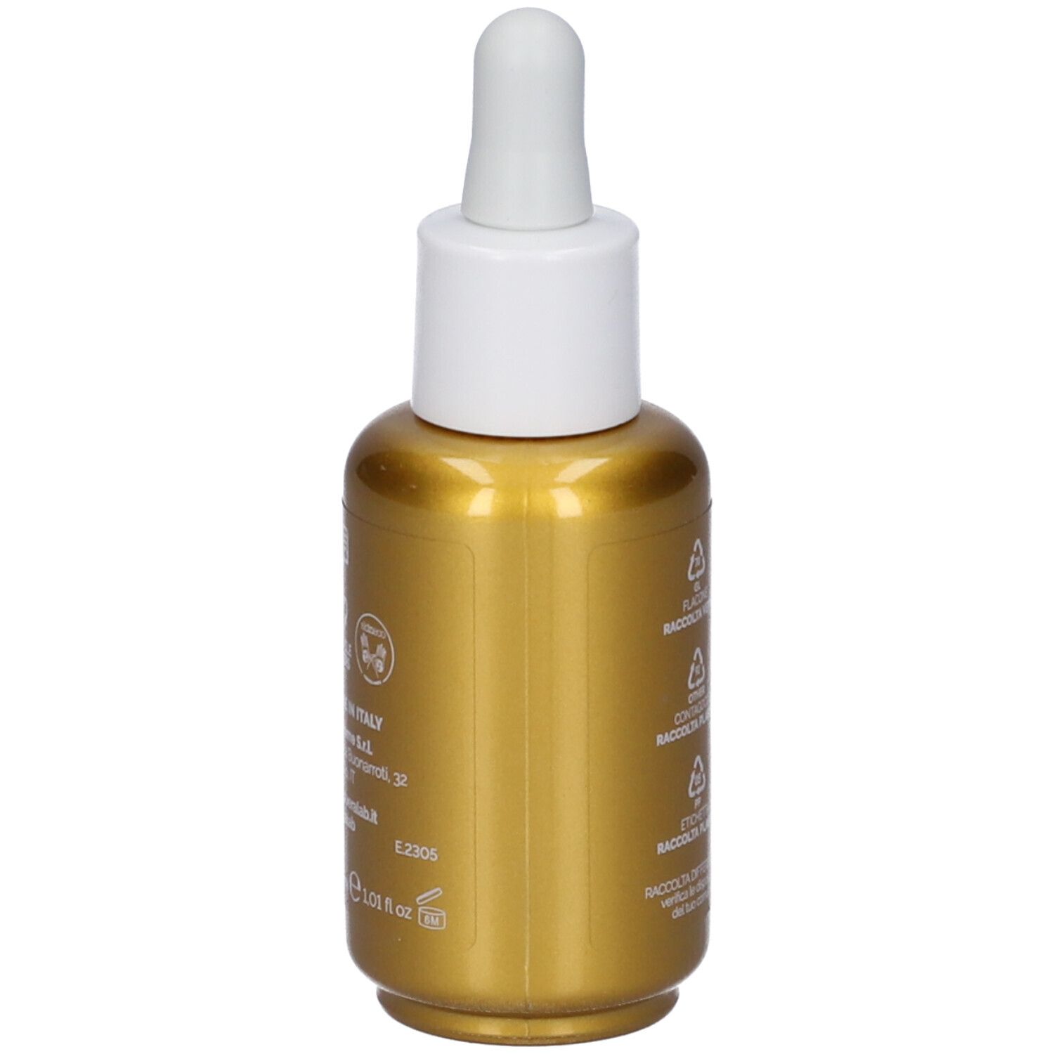 Flacone dorato con contagocce bianco. Testo e simboli di riciclaggio sul retro.