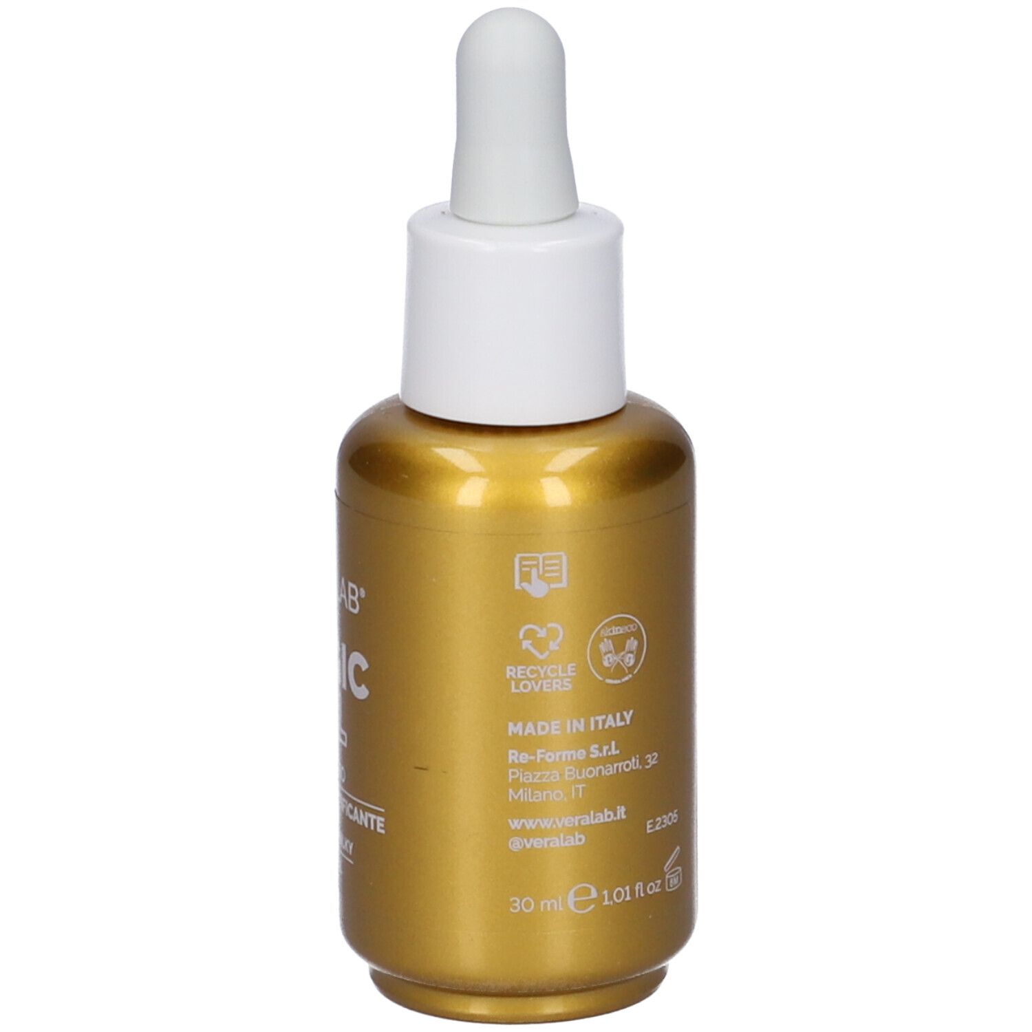 Flacone dorato con contagocce bianco. Scritta: VERALAB MAGIC OIL, Made in Italy, simbolo di riciclaggio.