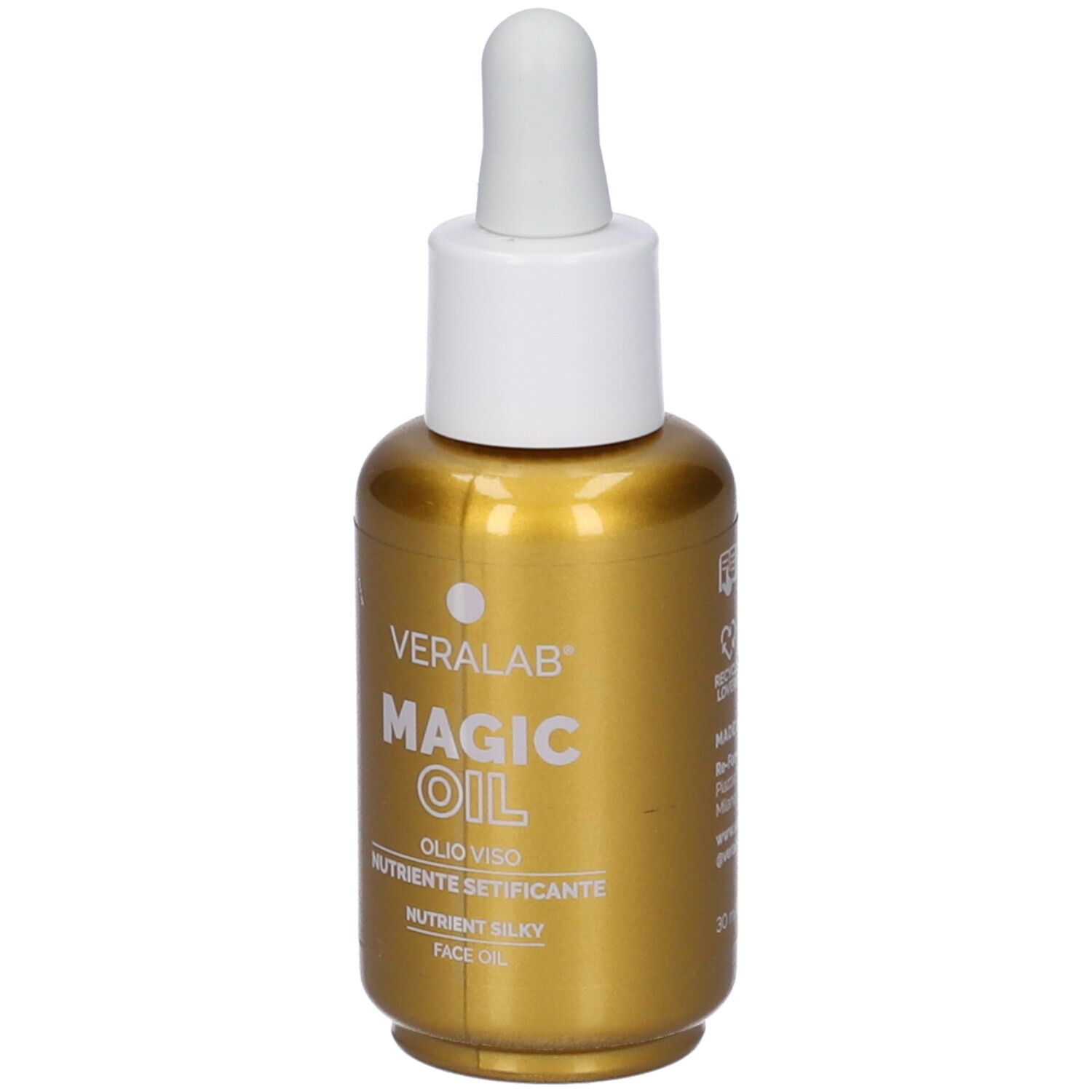 Flacone dorato con contagocce bianco. Scritta: VERALAB MAGIC OIL, OLI VISO, NUTRIENTE SETIFICANTE, FACE OIL.