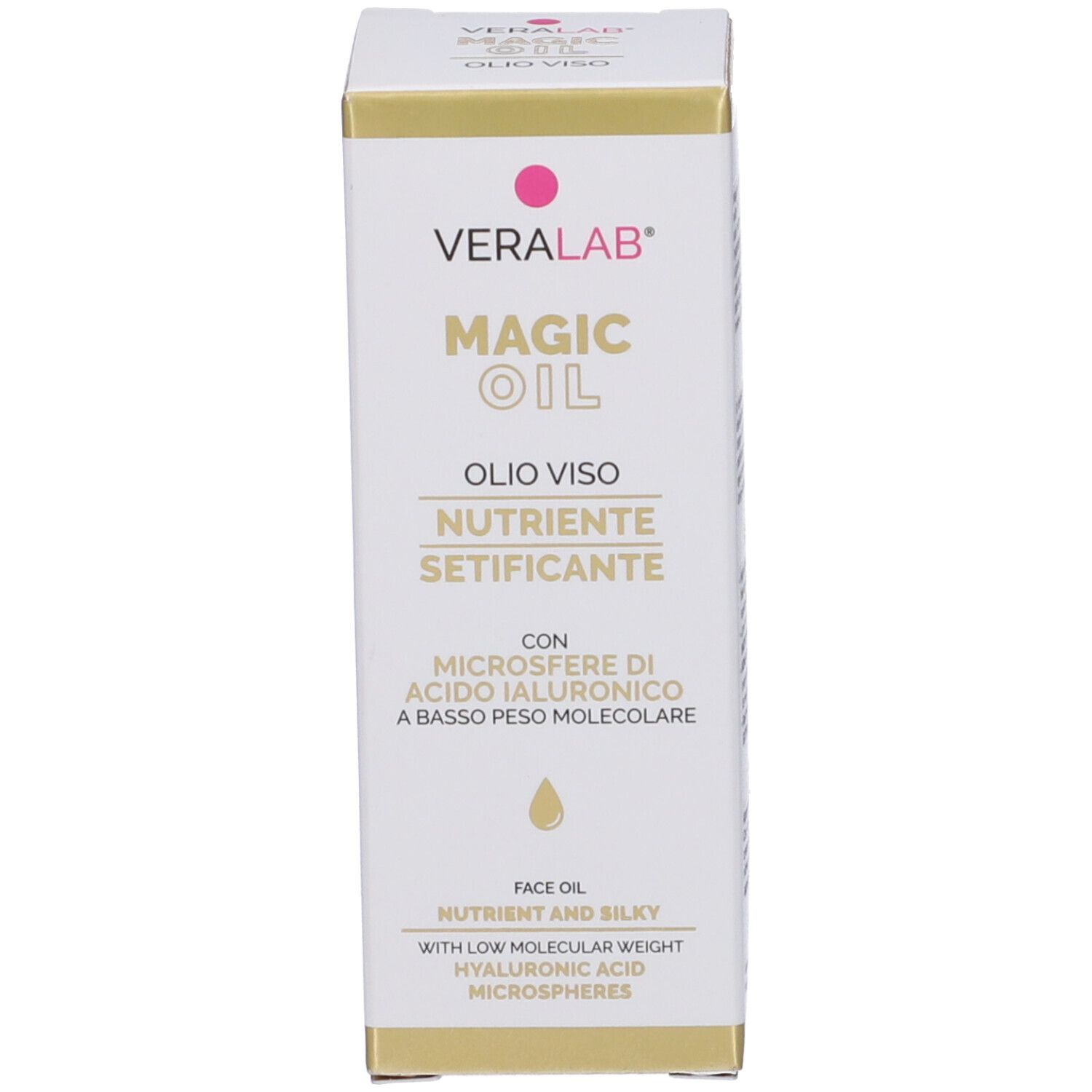 Scatola bianca con scritta: VERALAB MAGIC OIL, OLI VISO, NUTRIENTE SETIFICANTE, FACE OIL.
