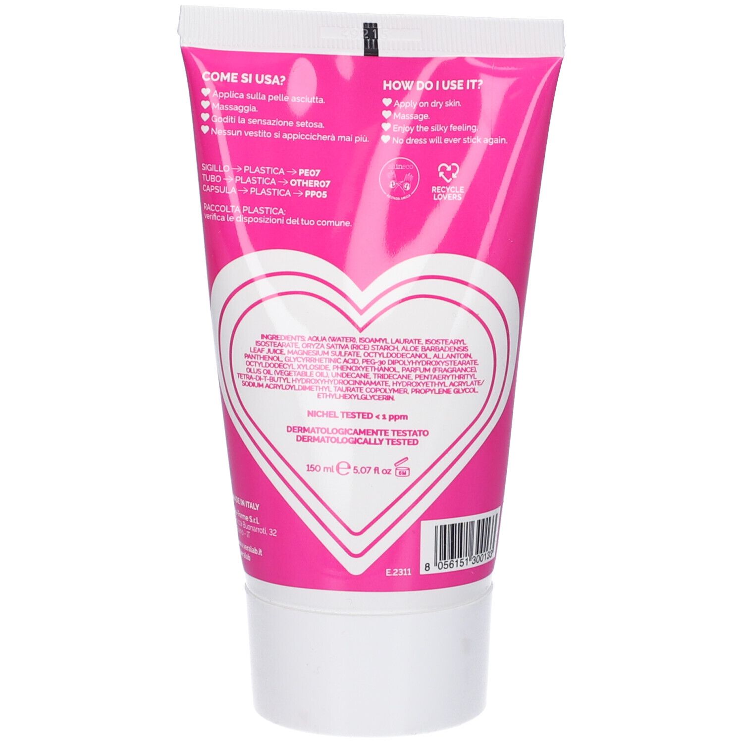 Retro del tubo rosa. Testo: ingredienti, dermatologicamente testato, 150 ml. Con tappo bianco.