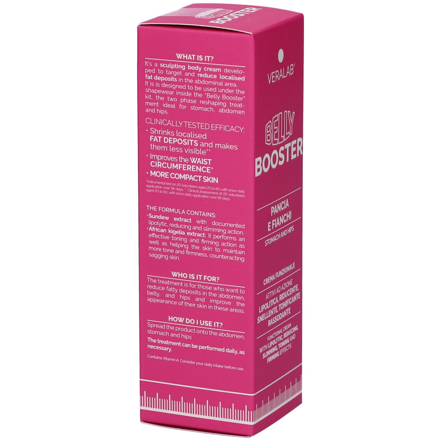 Confezione rosa. Testo: Cos'è? Efficacia clinicamente testata. Riduce i depositi di grasso. Per vita e pelle.