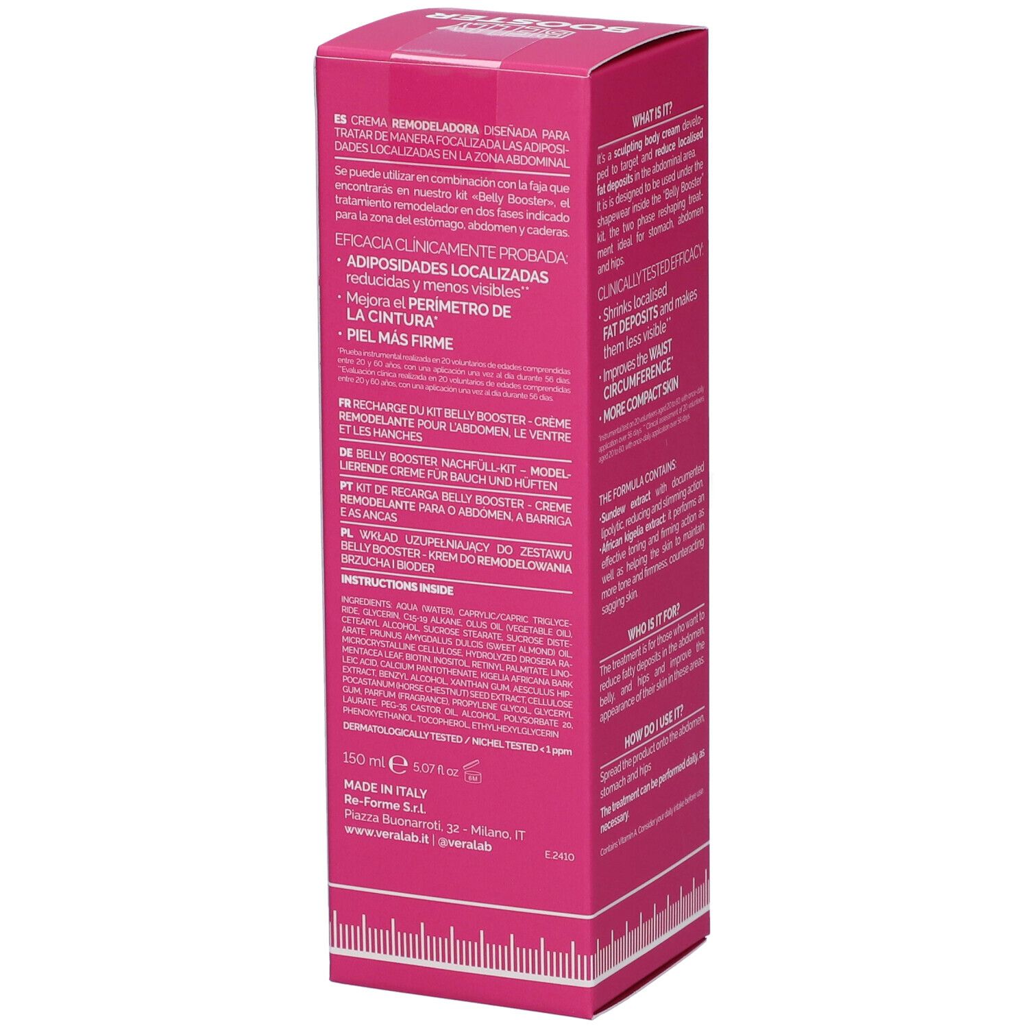 Confezione rosa. Testo: Crema per il trattamento degli accumuli di grasso. 150 ml. Made in Italy. Ingredienti.