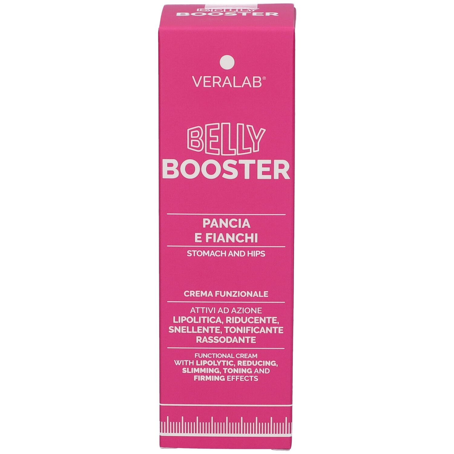 Confezione rosa. Veralab Belly Booster. Testo: Pancia & Fianchi. Crema con azione lipolitica, riducente, snellente, tonificante.