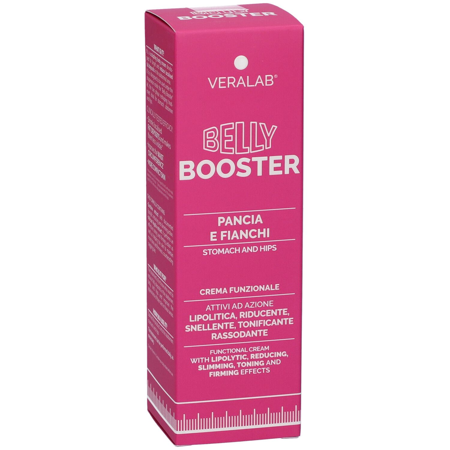 Confezione rosa. Veralab Belly Booster. Testo: Pancia & Fianchi. Crema con azione lipolitica, riducente, snellente, tonificante.