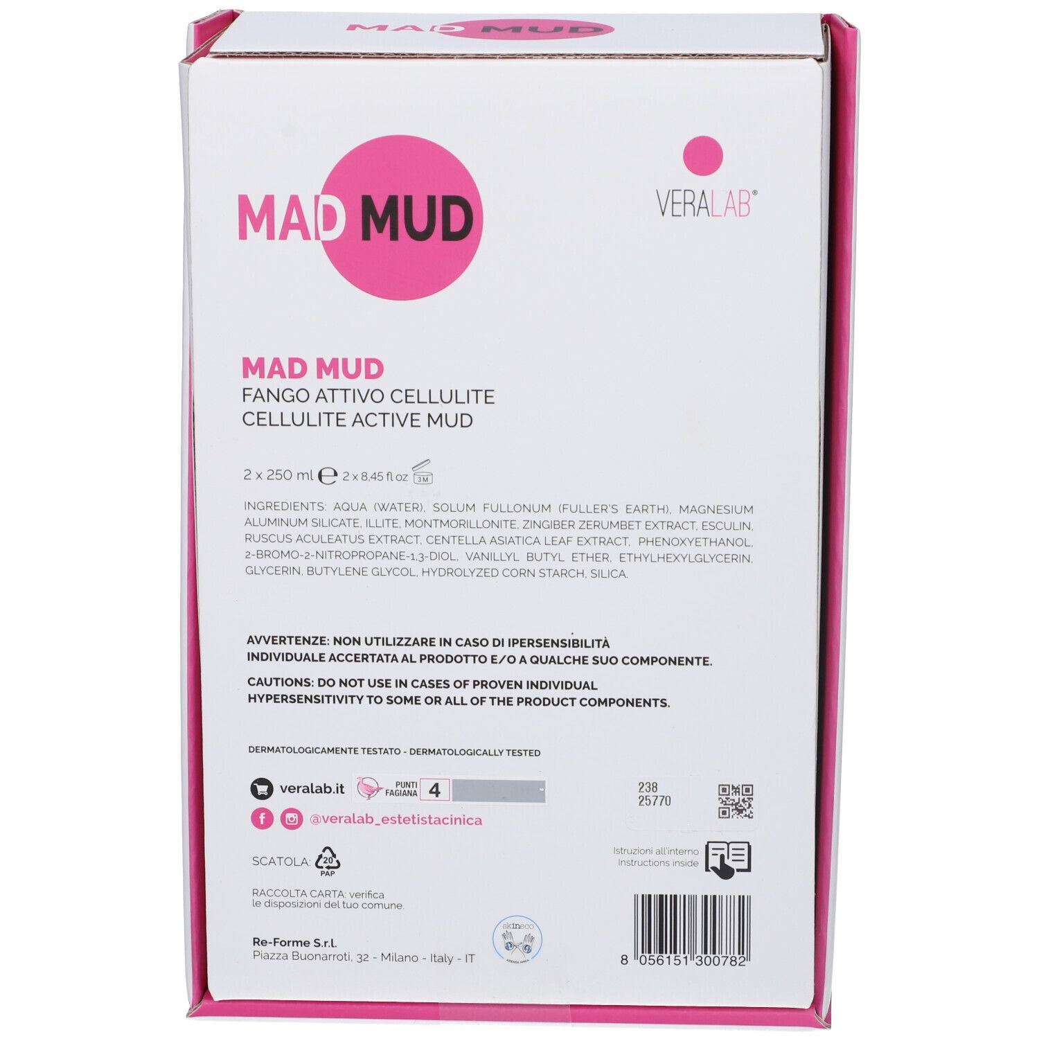 Retro della confezione con testo e ingredienti. In alto MAD MUD, testo sottostante. Loghi e contatti a sinistra.