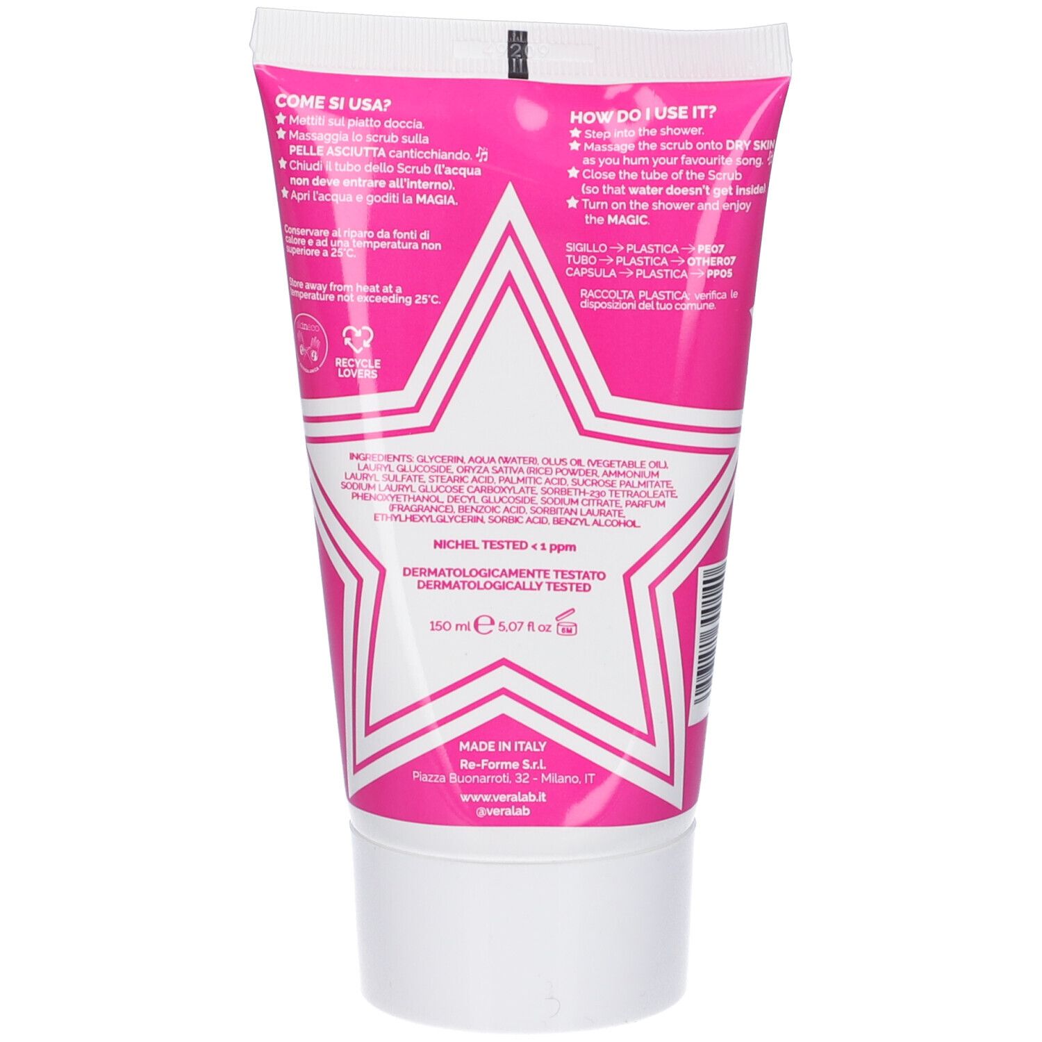 Retro del tubo. Testo con ingredienti, istruzioni per l'uso e logo. Dermatologicamente testato.