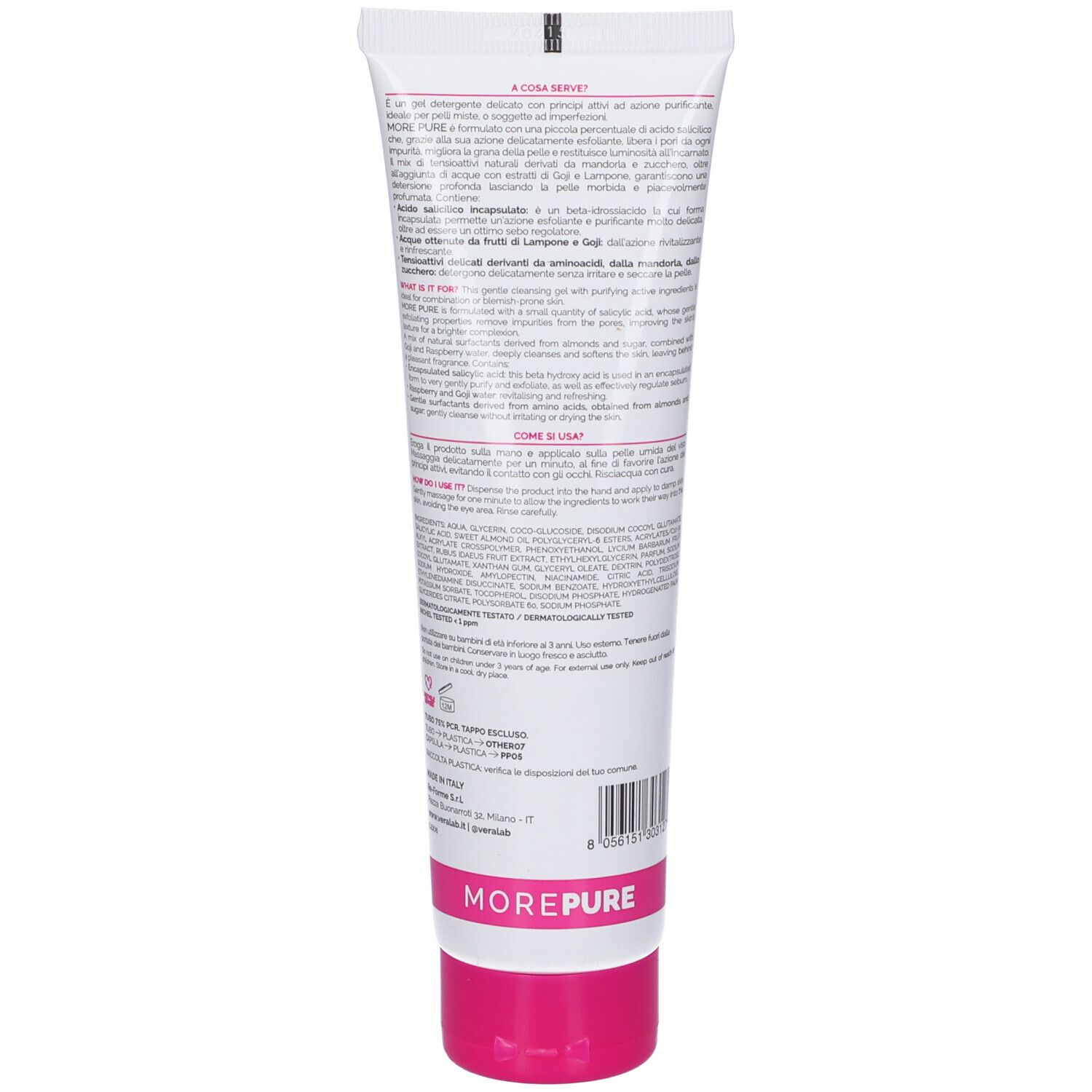 Retro del tubo bianco. Testo in italiano. Tappo rosa. Scritta: MORE PURE.