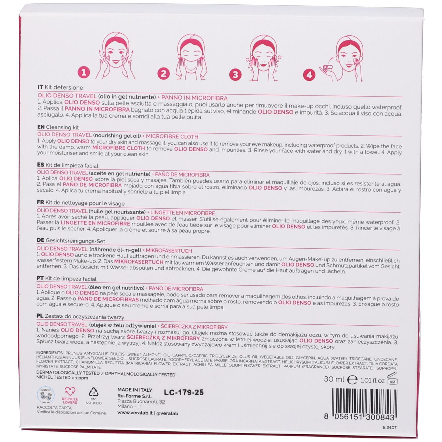 Retro della confezione con testo e illustrazioni. Contiene ingredienti e informazioni del produttore. 30 ml.