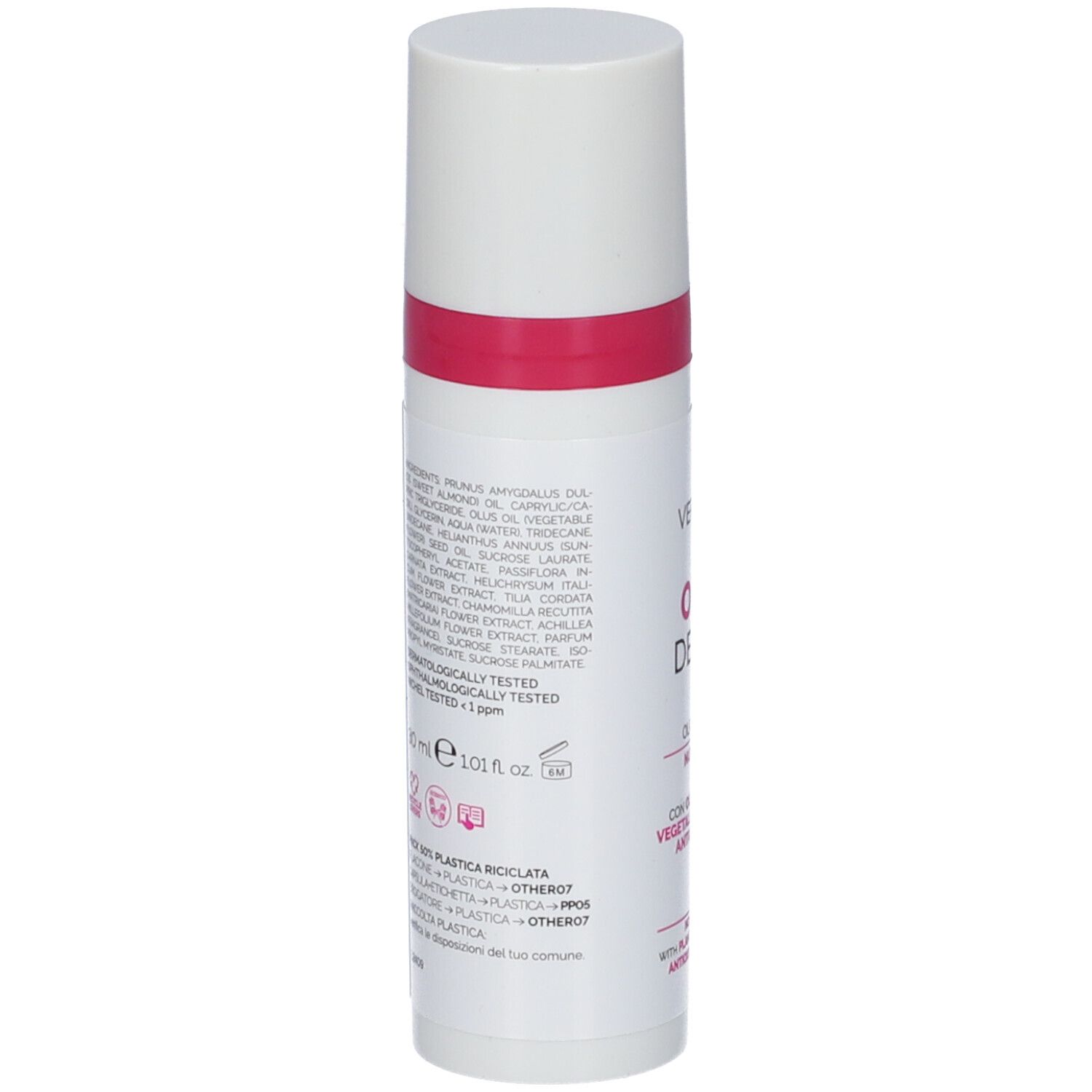 Flacone bianco con fascia rosa. Retro con ingredienti e testo. Dermatologicamente testato. 101 fl oz.