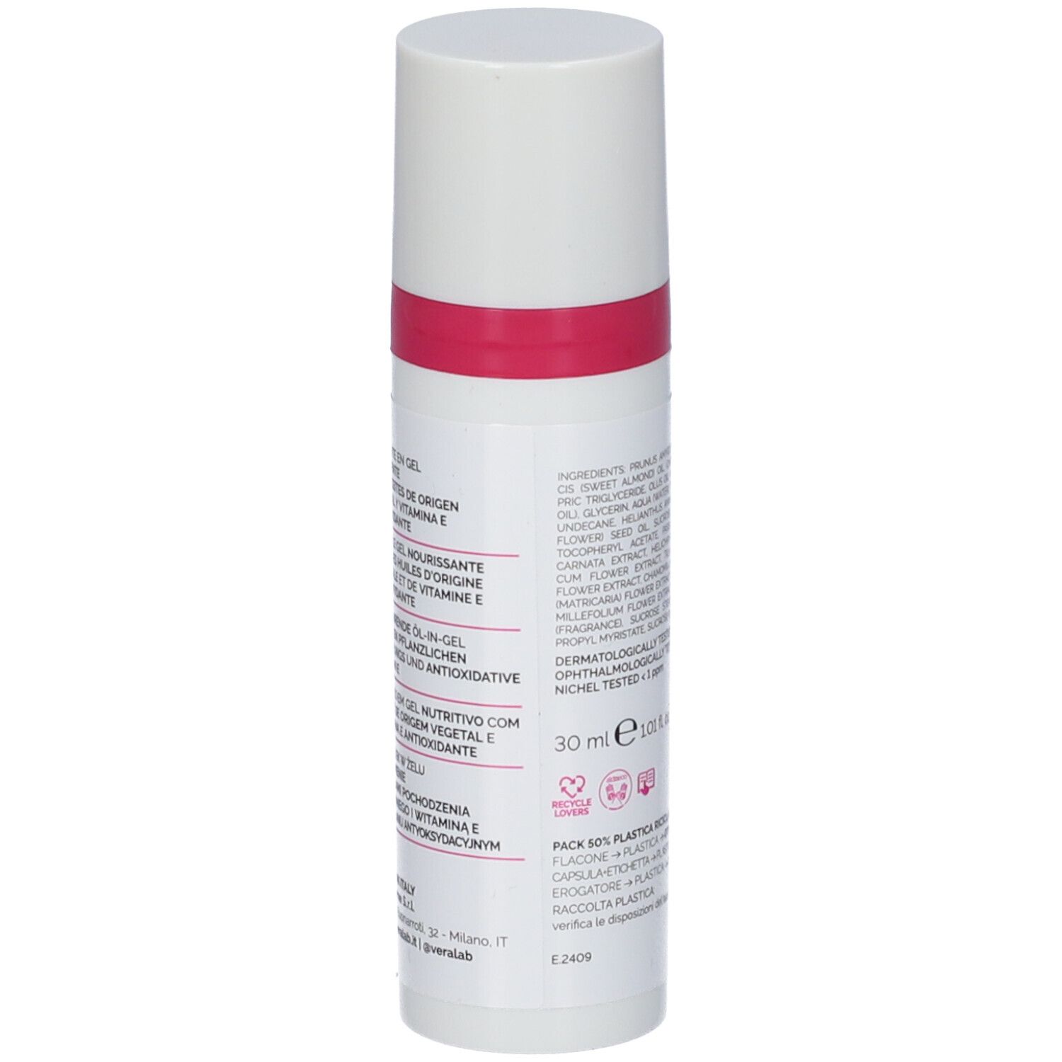 Flacone bianco con fascia rosa. Retro con ingredienti e testo. 30 ml. Dermatologicamente testato.