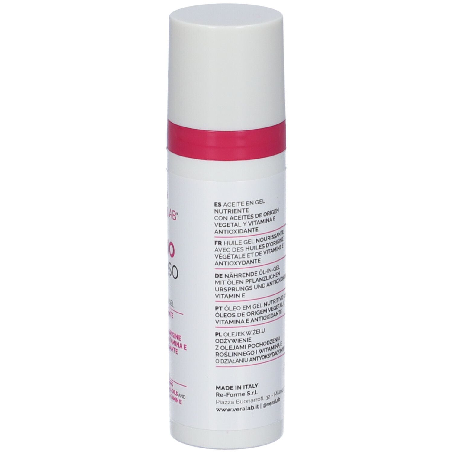 Flacone bianco con fascia rosa. Testo multilingue: Olio Denso. Olio in gel nutriente con oli vegetali e vitamina E.