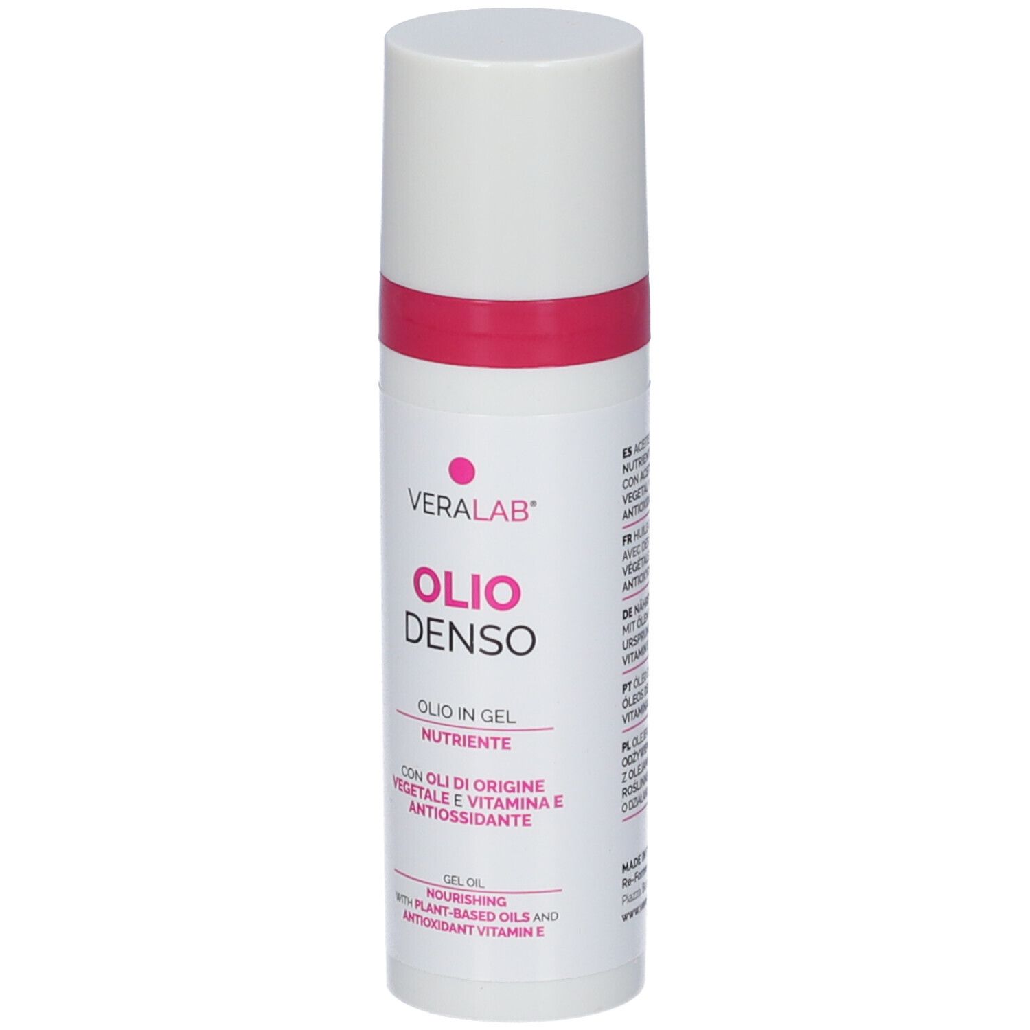 Flacone bianco con fascia rosa. Testo: Veralab, Olio Denso. Olio in gel nutriente con oli vegetali e vitamina E.