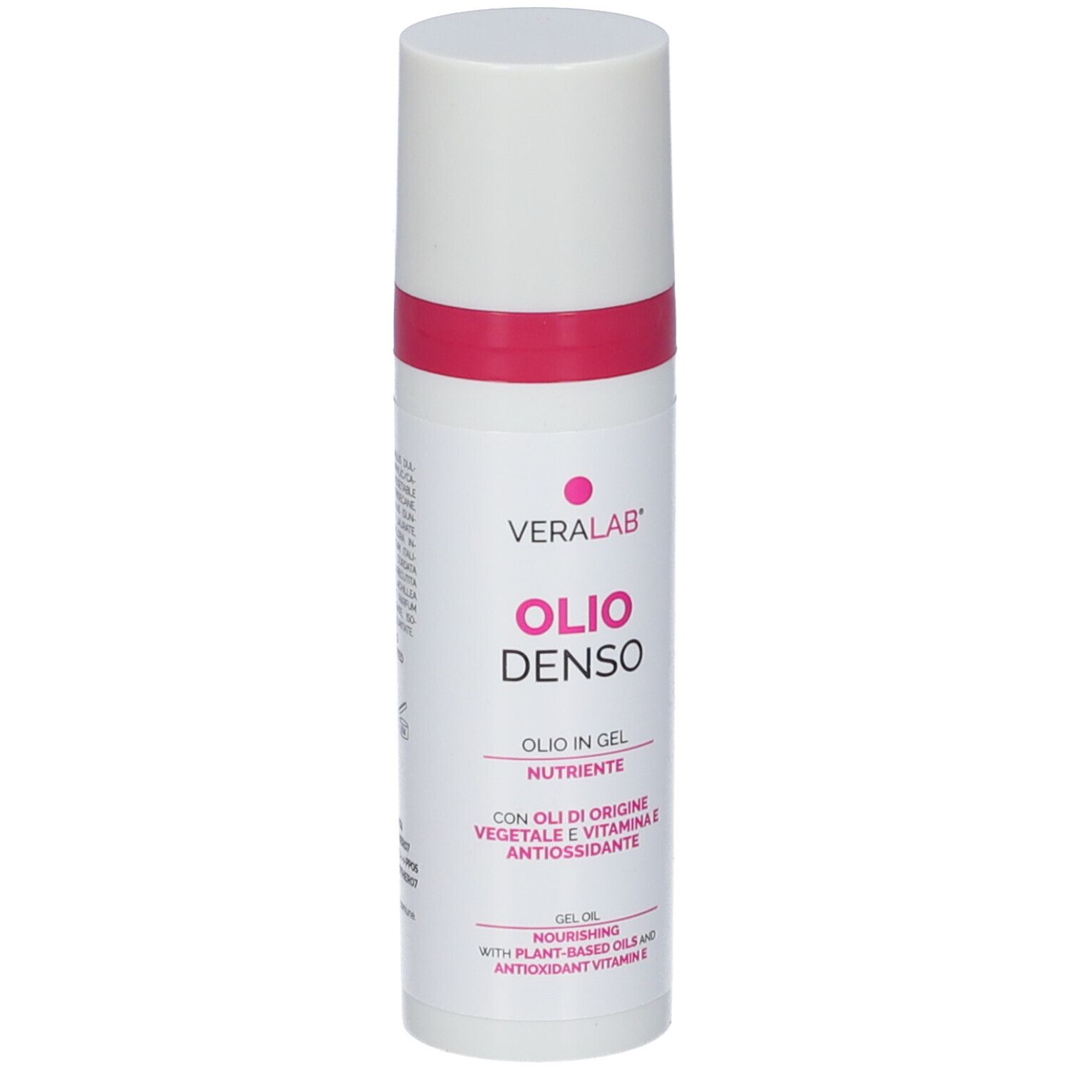 Flacone bianco con fascia rosa. Testo: Veralab, Olio Denso. Olio in gel nutriente con oli vegetali e vitamina E.