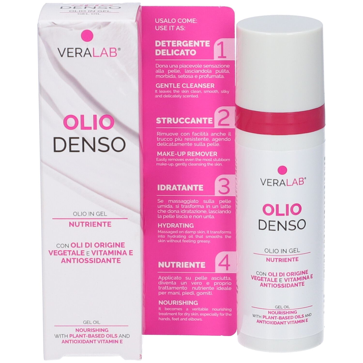 Prodotto e confezione. Testo: Veralab, Olio Denso. Olio in gel nutriente con oli vegetali e vitamina E. Istruzioni per l'uso.
