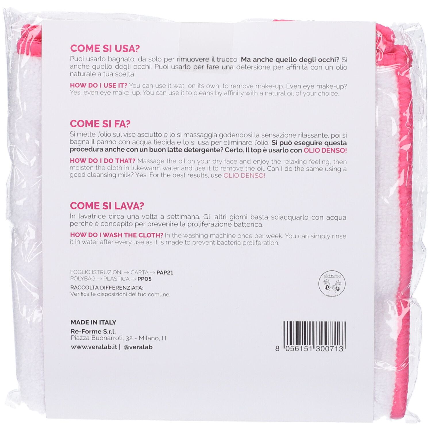 Retro della confezione. Testo: Istruzioni per l'uso, lavaggio, ingredienti, indirizzo produttore, codice a barre.