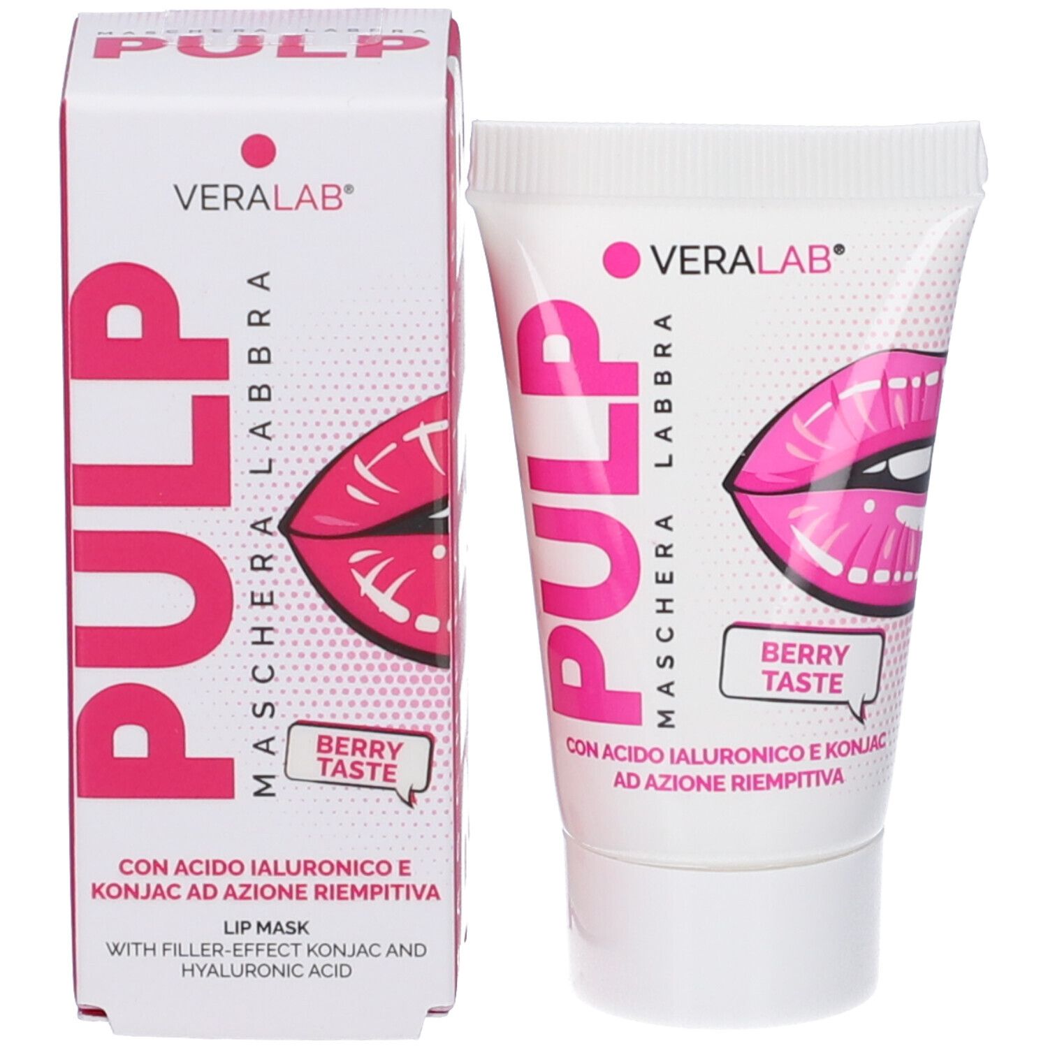 Confezione del prodotto. Tubo e scatola. Scritta: PULP, BERRY TASTE, logo VERALAB. Maschera labbra.