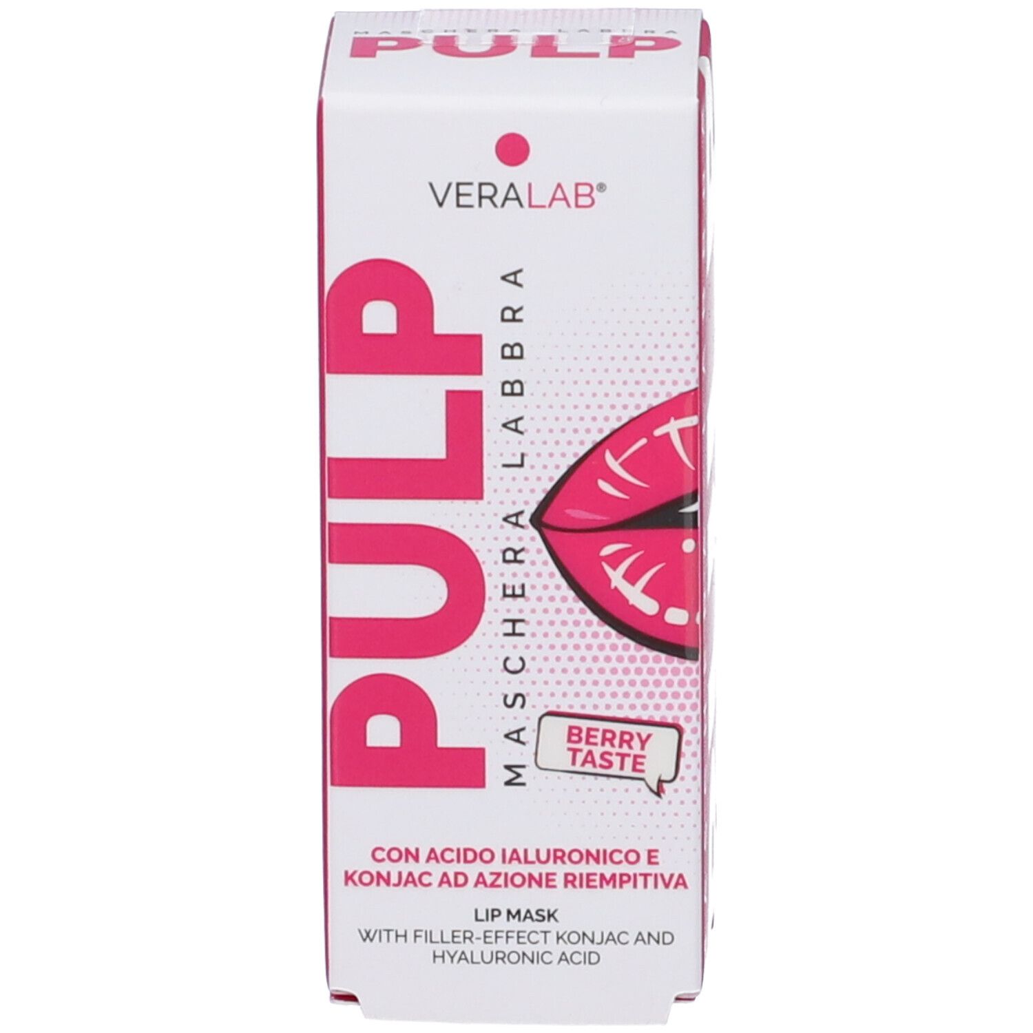 Confezione del prodotto. Scatola con scritta: PULP, BERRY TASTE, logo VERALAB. Maschera labbra.