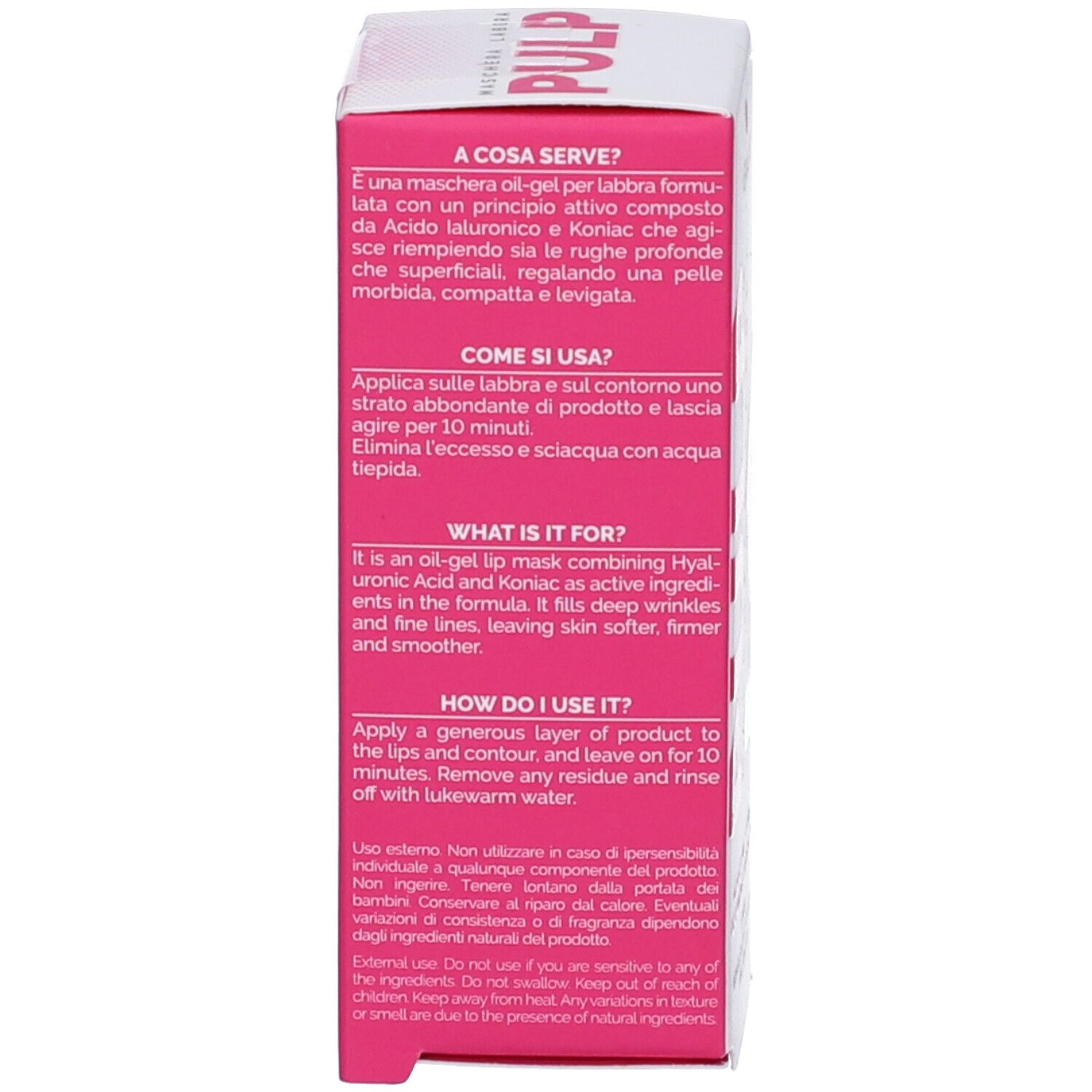 Retro della confezione del prodotto. Contiene informazioni sull'uso. Scritta: A cosa serve?, Come si usa?