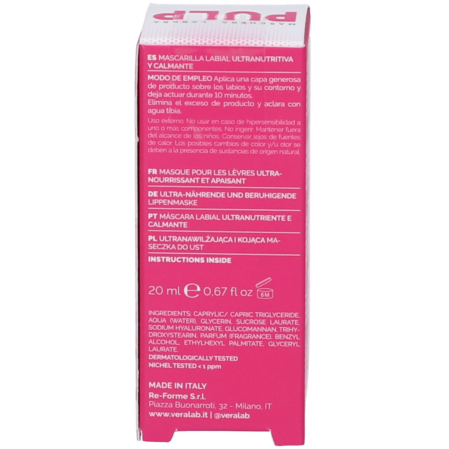 Lato della confezione del prodotto. Contiene informazioni in più lingue. Scritta: 20 ml, ingredienti, dermatologicamente testato.