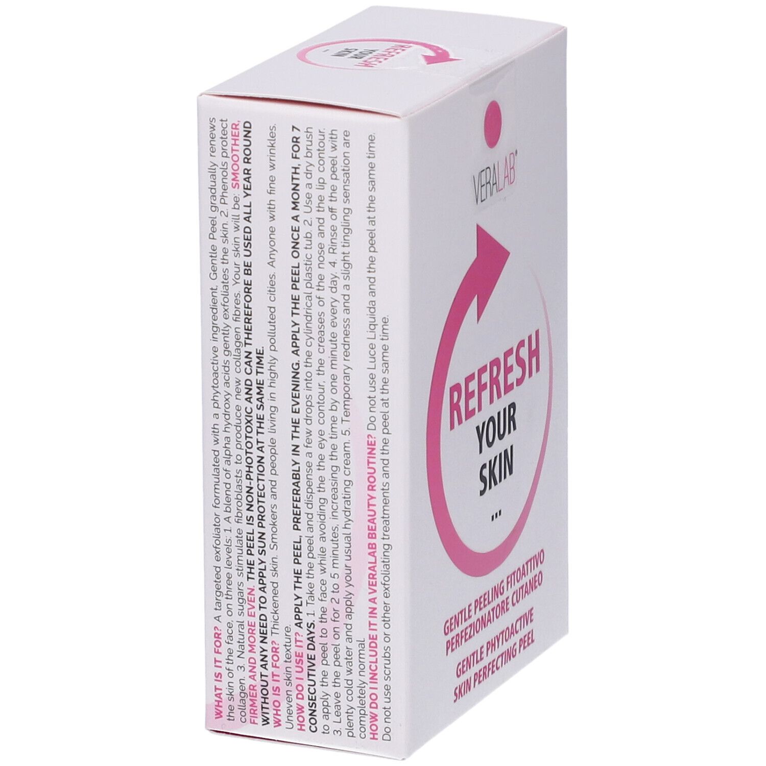 Confezione bianca con testo. Logo Veralab e "Refresh Your Skin". Design freccia rosa. Testo sugli ingredienti.