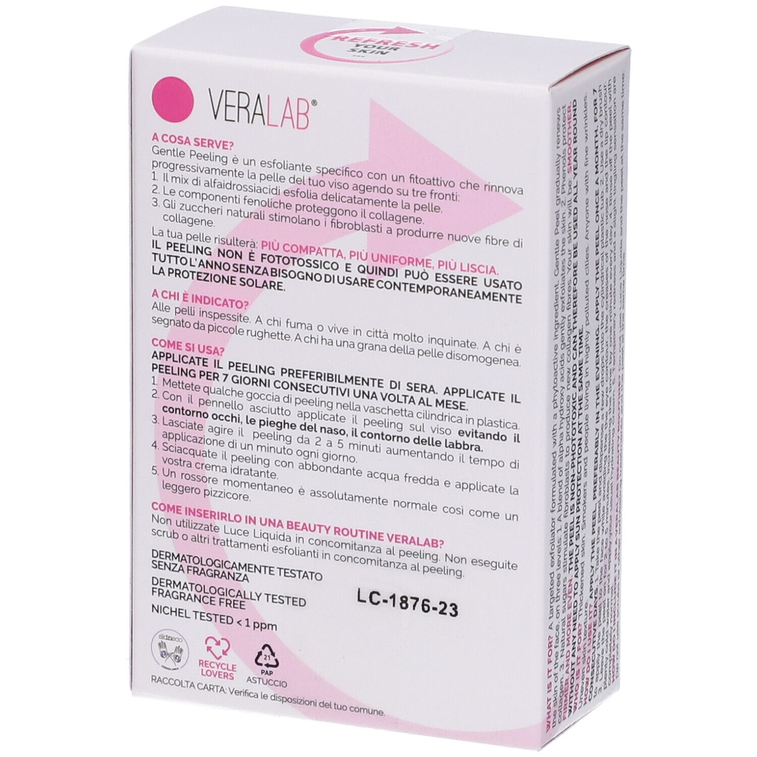 Retro della confezione. Testo in italiano. Logo Veralab. Simbolo di riciclo.