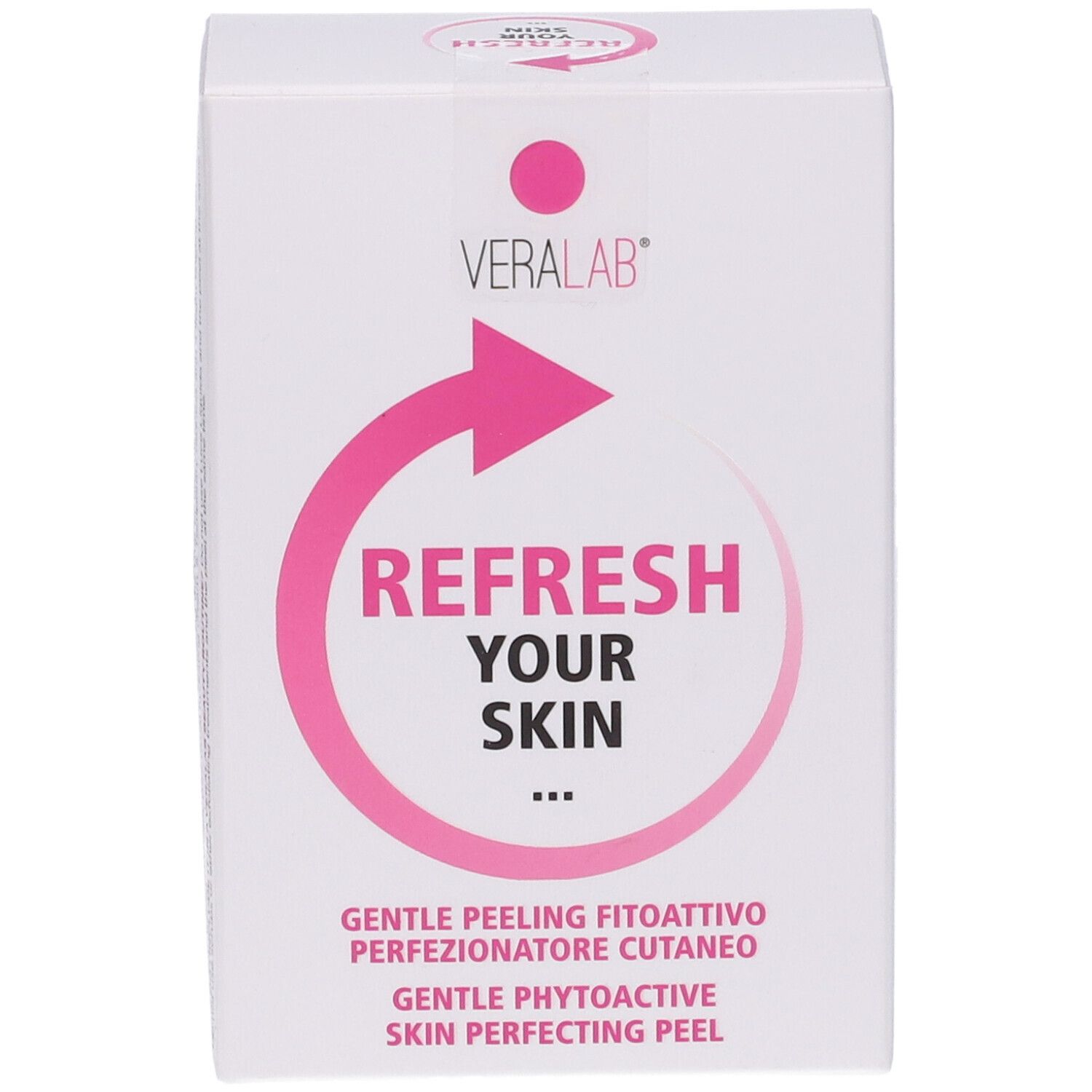 Confezione bianca con dettagli rosa. Logo Veralab e "Refresh Your Skin". Design freccia rosa.