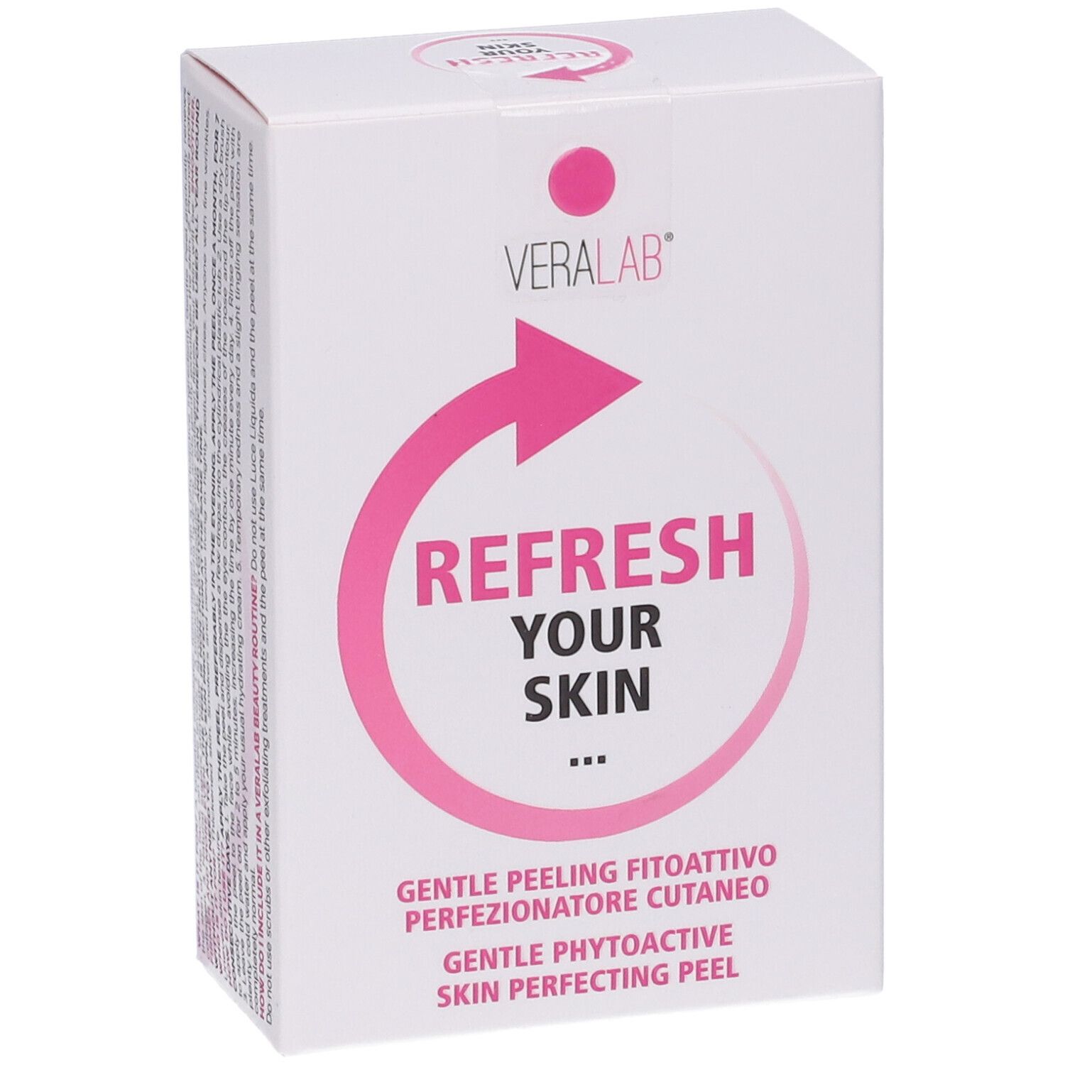 Confezione bianca con dettagli rosa. Logo Veralab e "Refresh Your Skin". Design freccia rosa.