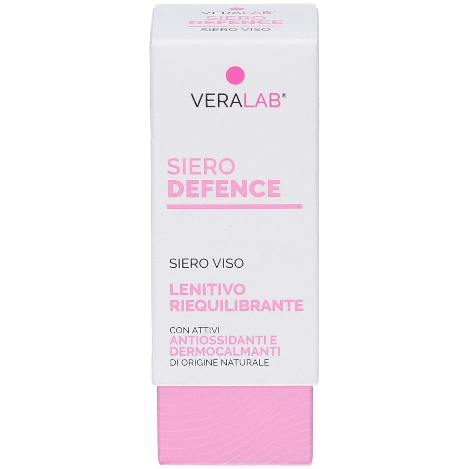 Scatola bianca con base rosa. Scritto: SIERO DEFENCE, SIERO VISO, LENITIVO RIEQUILIBRANTE. Logo VERALAB.