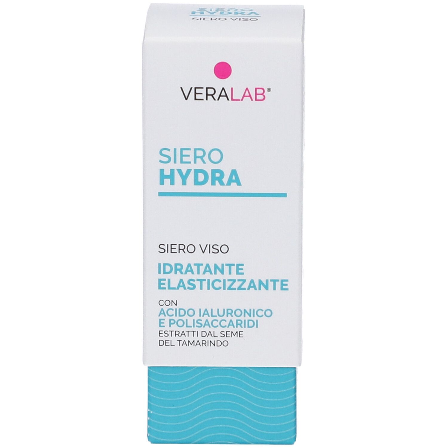 Scatola bianca e blu. Scritta: Veralab, Siero Hydra, Siero Viso, Idratante Elasticizzante.