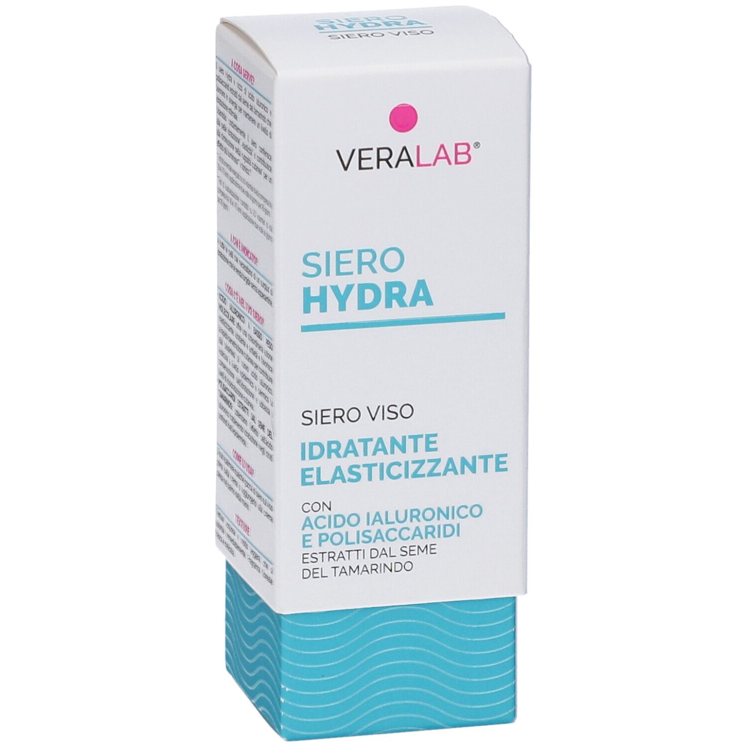 Scatola bianca e blu. Scritta: Veralab, Siero Hydra, Siero Viso, Idratante Elasticizzante.